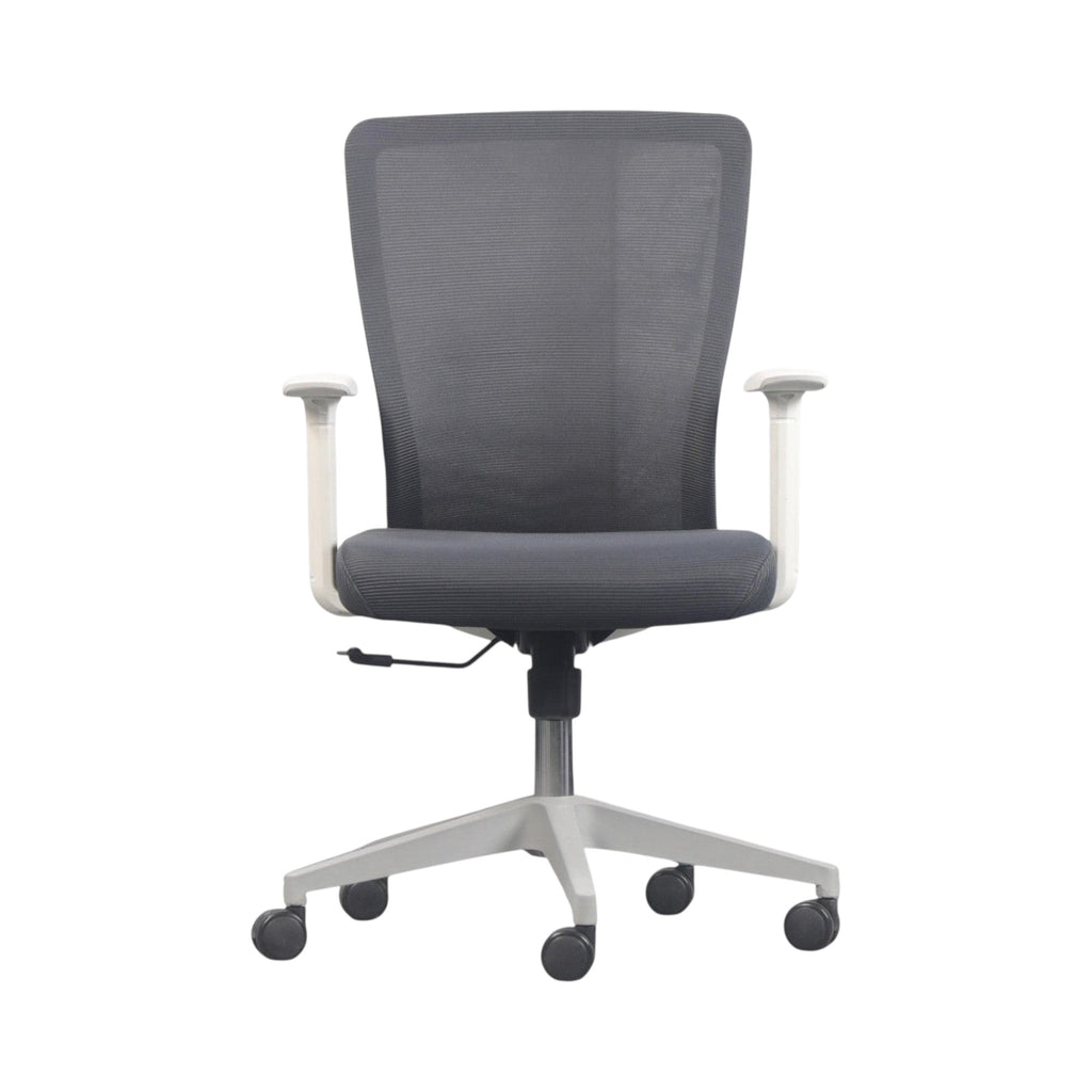 Xiaoyaozuo office chair: black mesh back and seat, white frame and arms, adjustable height, rolling casters.