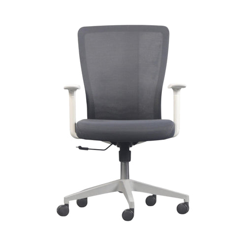 Xiaoyaozuo office chair: black mesh back and seat, white frame and arms, adjustable height, rolling casters.