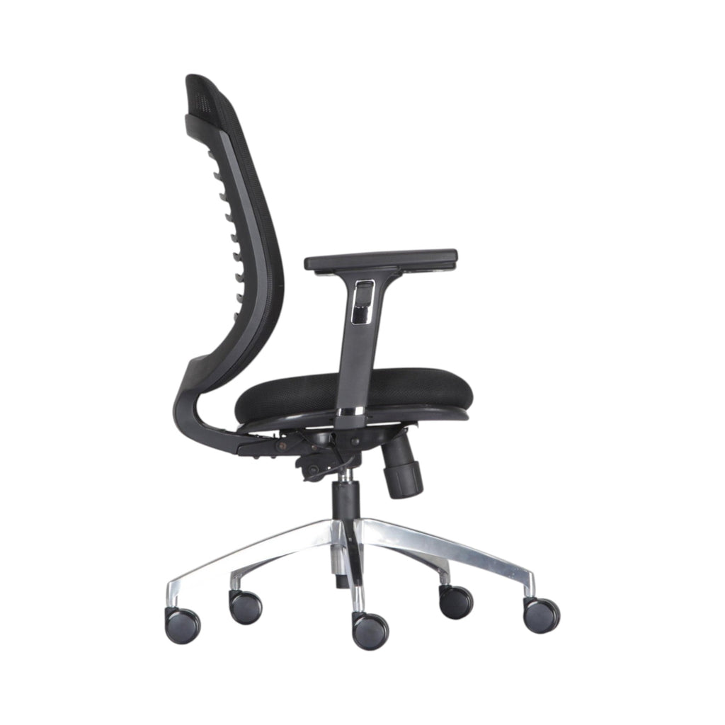 Xiaoyaozuo office chair ergonomic black mesh chair with adjustable armrests and silver metal base with casters.