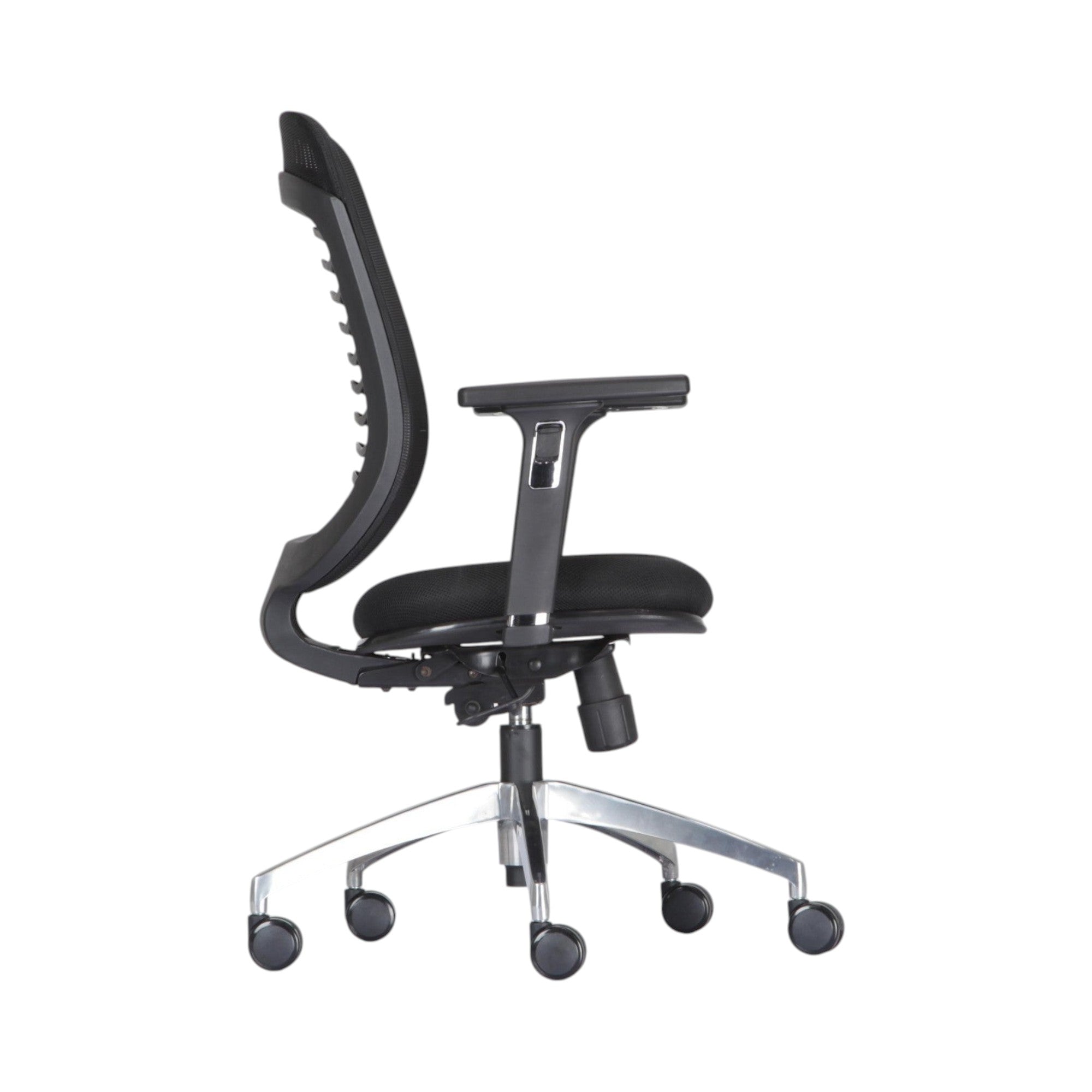 Xiaoyaozuo office chair ergonomic black mesh chair with adjustable armrests and silver metal base with casters.