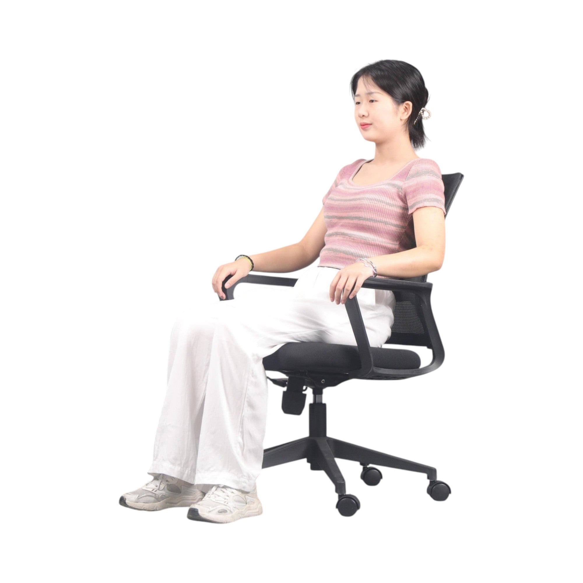 Xiaoyaozuo office chair: Black ergonomic mesh office chair with adjustable height and casters, shown with a woman seated.