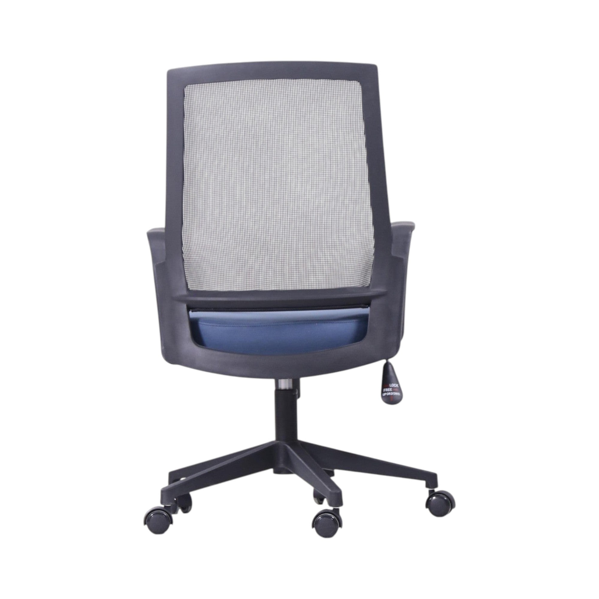 Xiaoyaozuo office chair: black ergonomic mesh back office chair with blue padded seat and black casters.