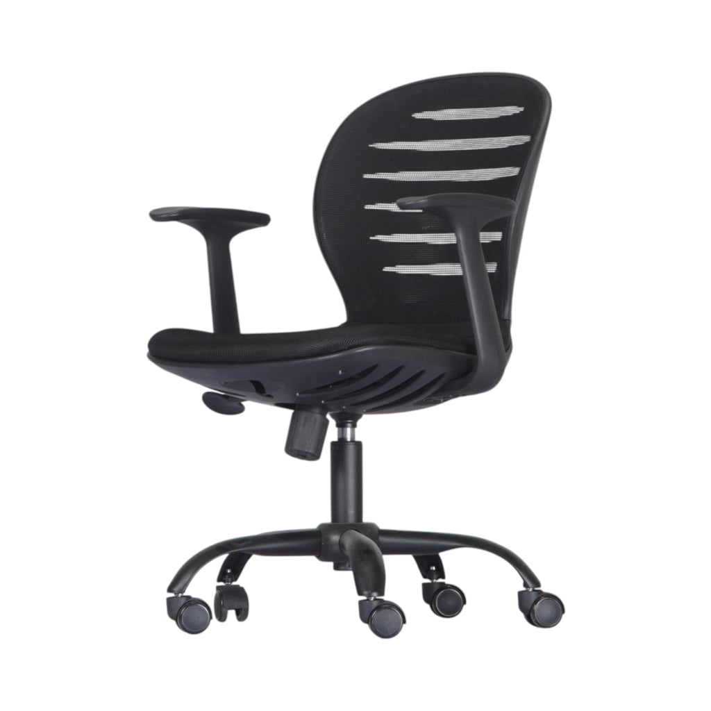 Xiaoyaozuo office chair: Black ergonomic mesh back office chair with adjustable armrests and lumbar support on casters.