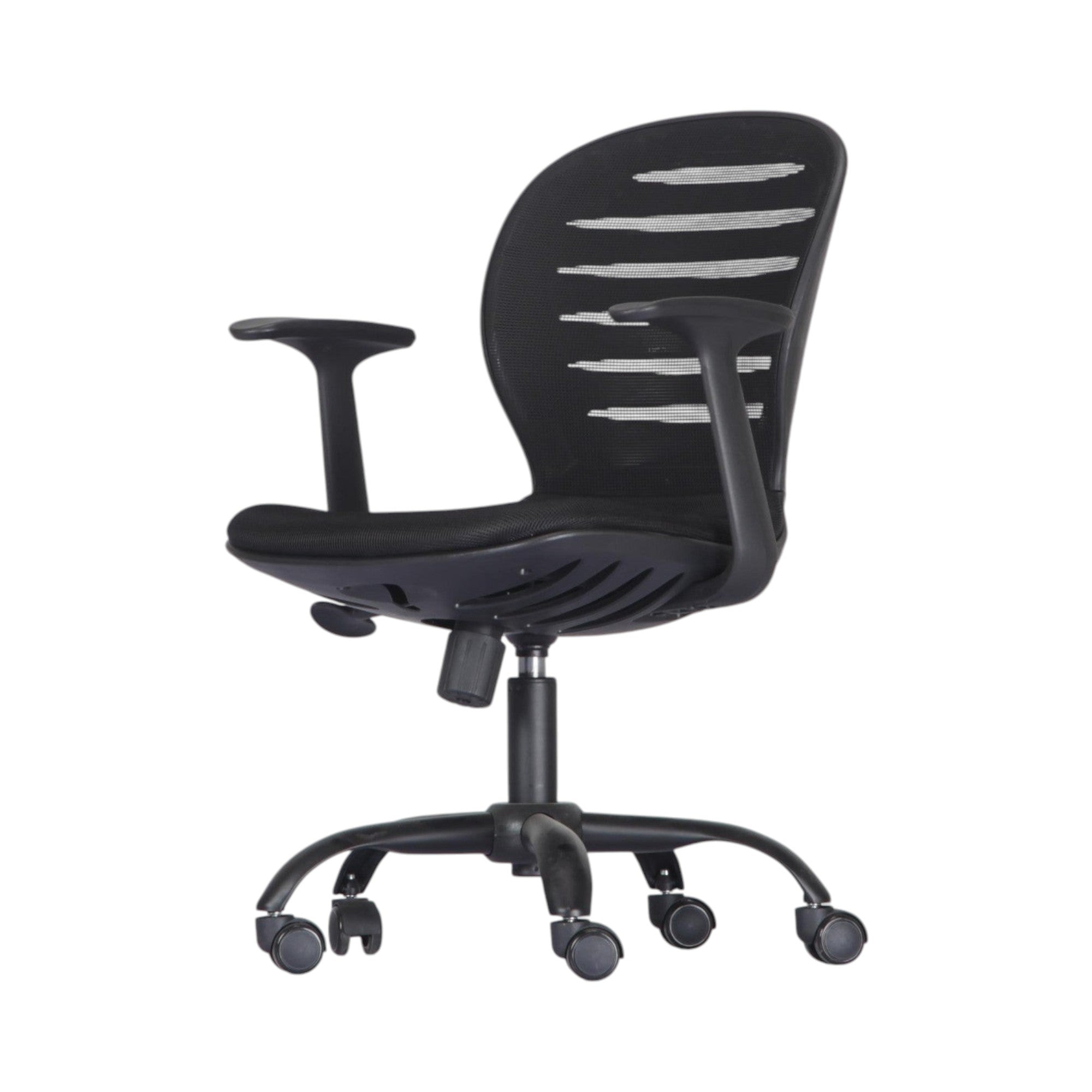 Xiaoyaozuo office chair: Black ergonomic mesh back office chair with adjustable armrests and lumbar support on casters.