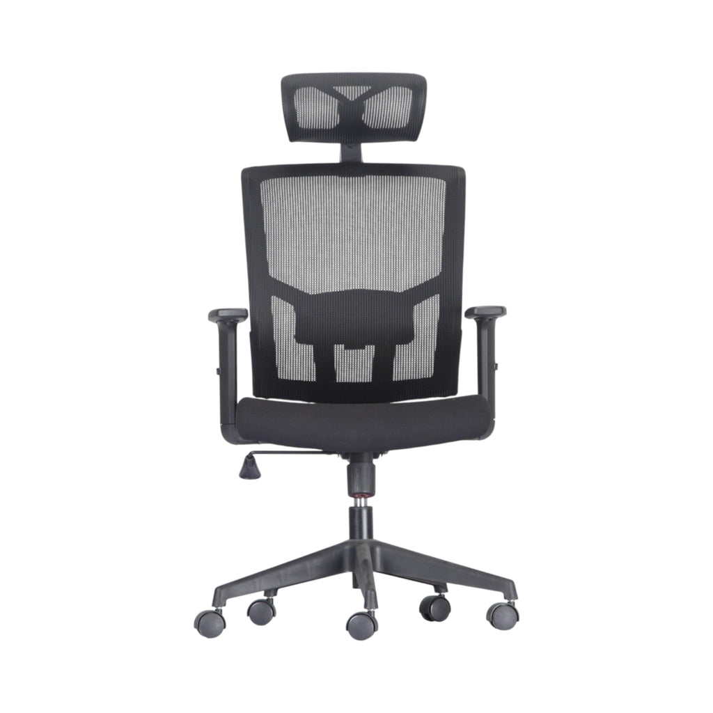 Xiaoyaozuo office chair black ergonomic mesh back chair with adjustable headrest and padded seat, on wheels.
