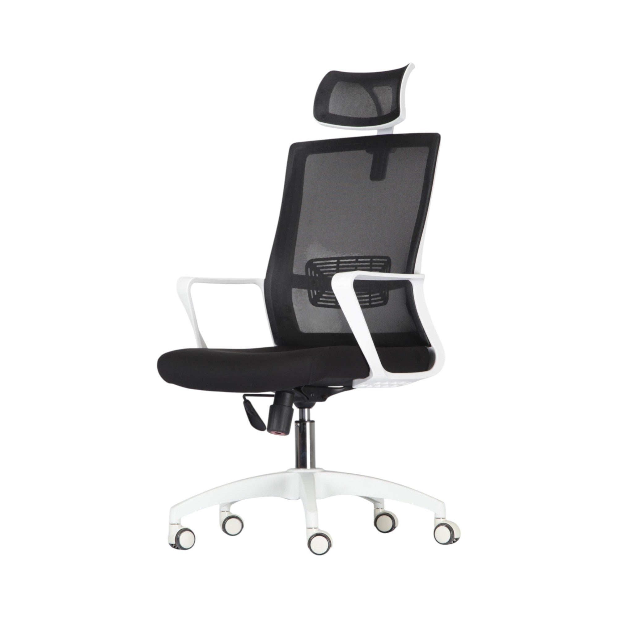 Xiaoyaozuo office chair: Black ergonomic mesh office chair with adjustable headrest, white frame, and padded seat. Features breathable mesh back and smooth-rolling casters.