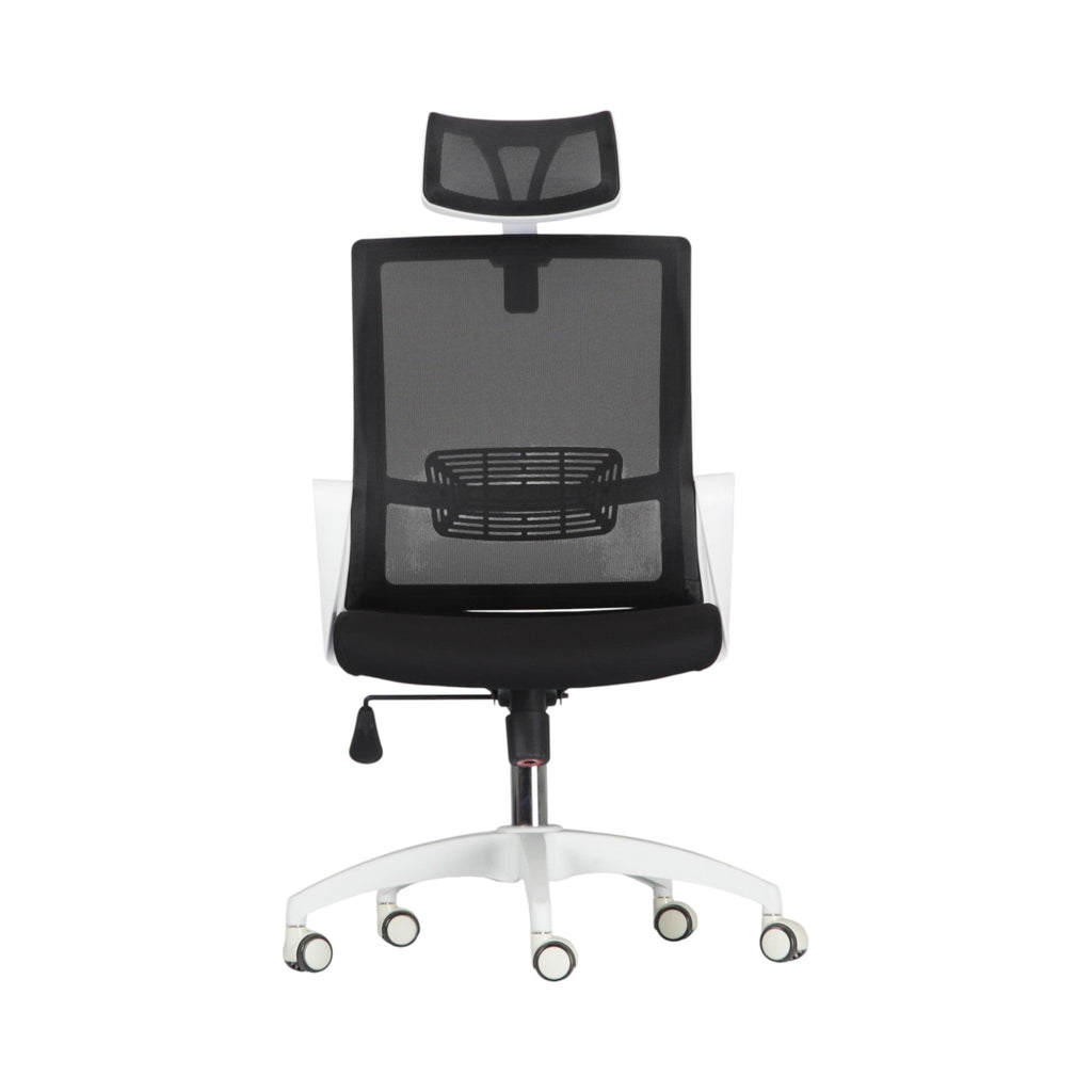 Xiaoyaozuo office chair black ergonomic mesh chair with adjustable headrest and white base, ideal for home office.