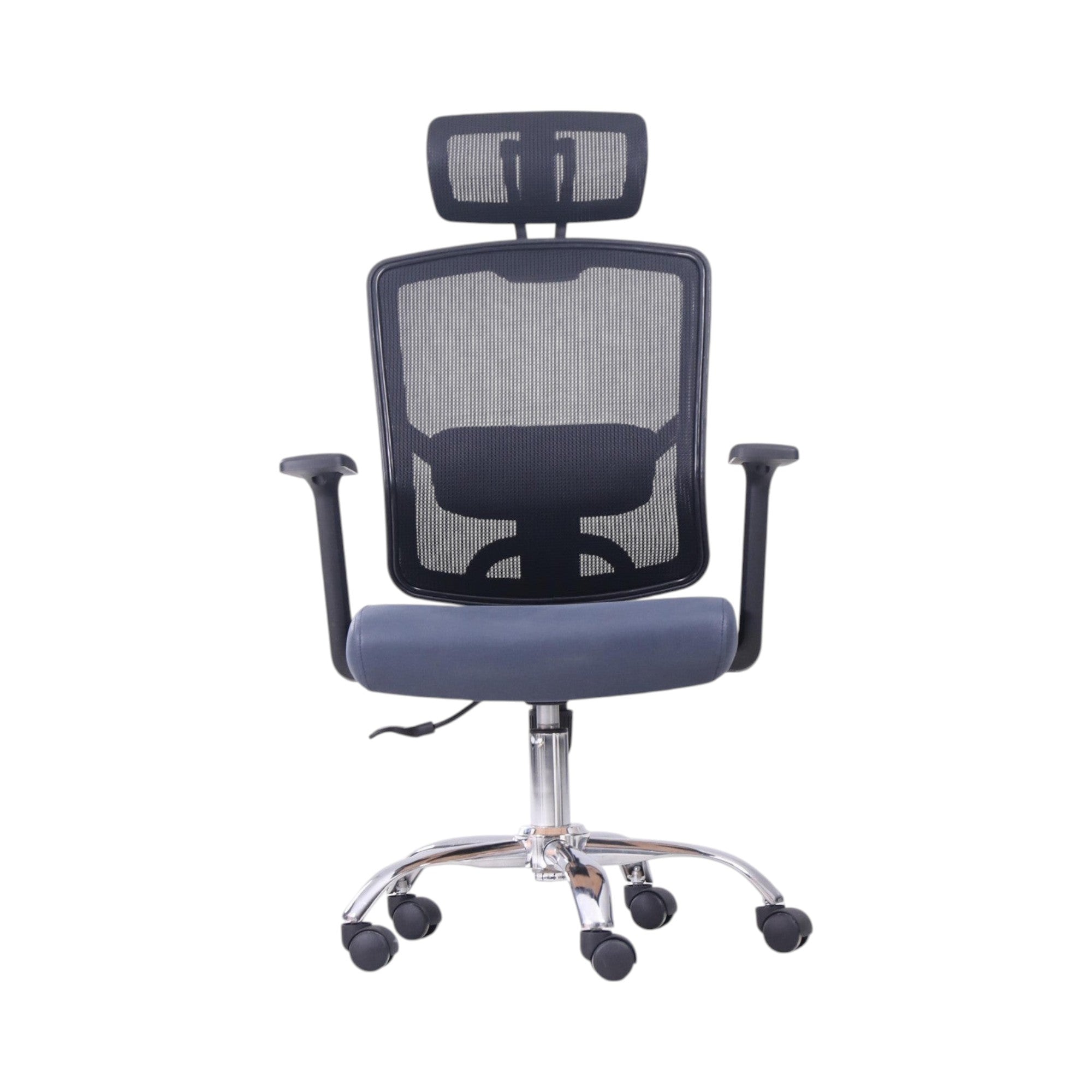 Xiaoyaozuo office chair: Black ergonomic mesh office chair with adjustable headrest and grey padded seat, on chrome base with casters.