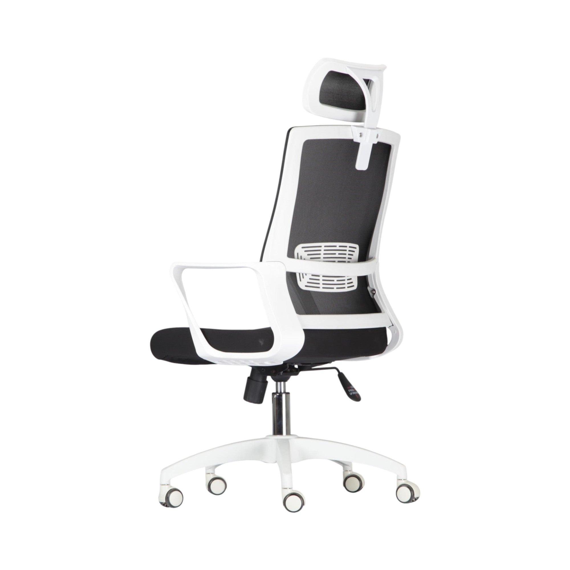 Xiaoyaozuo office chair: Black mesh ergonomic office chair with adjustable headrest and white frame, featuring lumbar support and smooth-rolling casters.