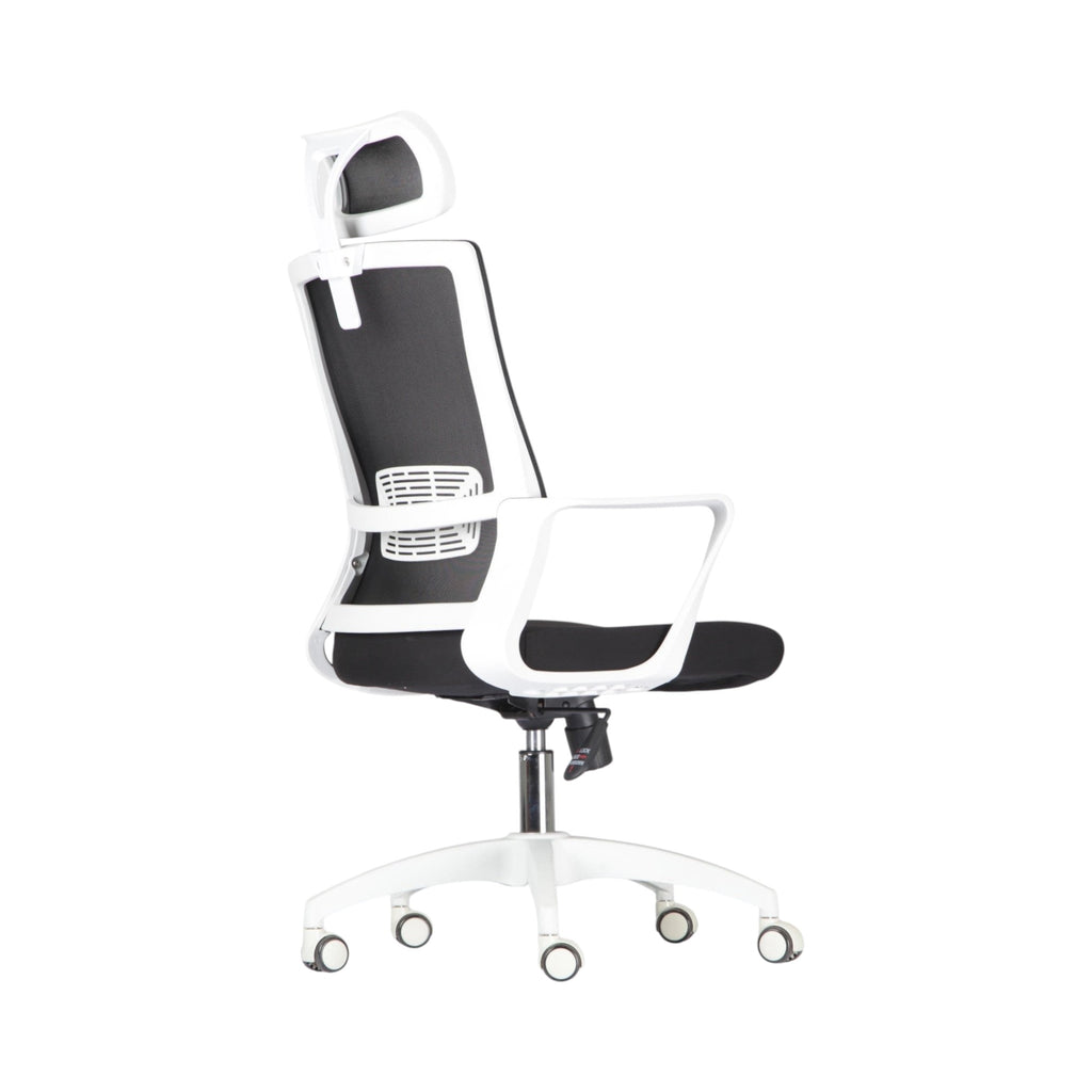 Xiaoyaozuo office chair: Black mesh ergonomic office chair with adjustable white headrest and white armrests on a white base with casters.