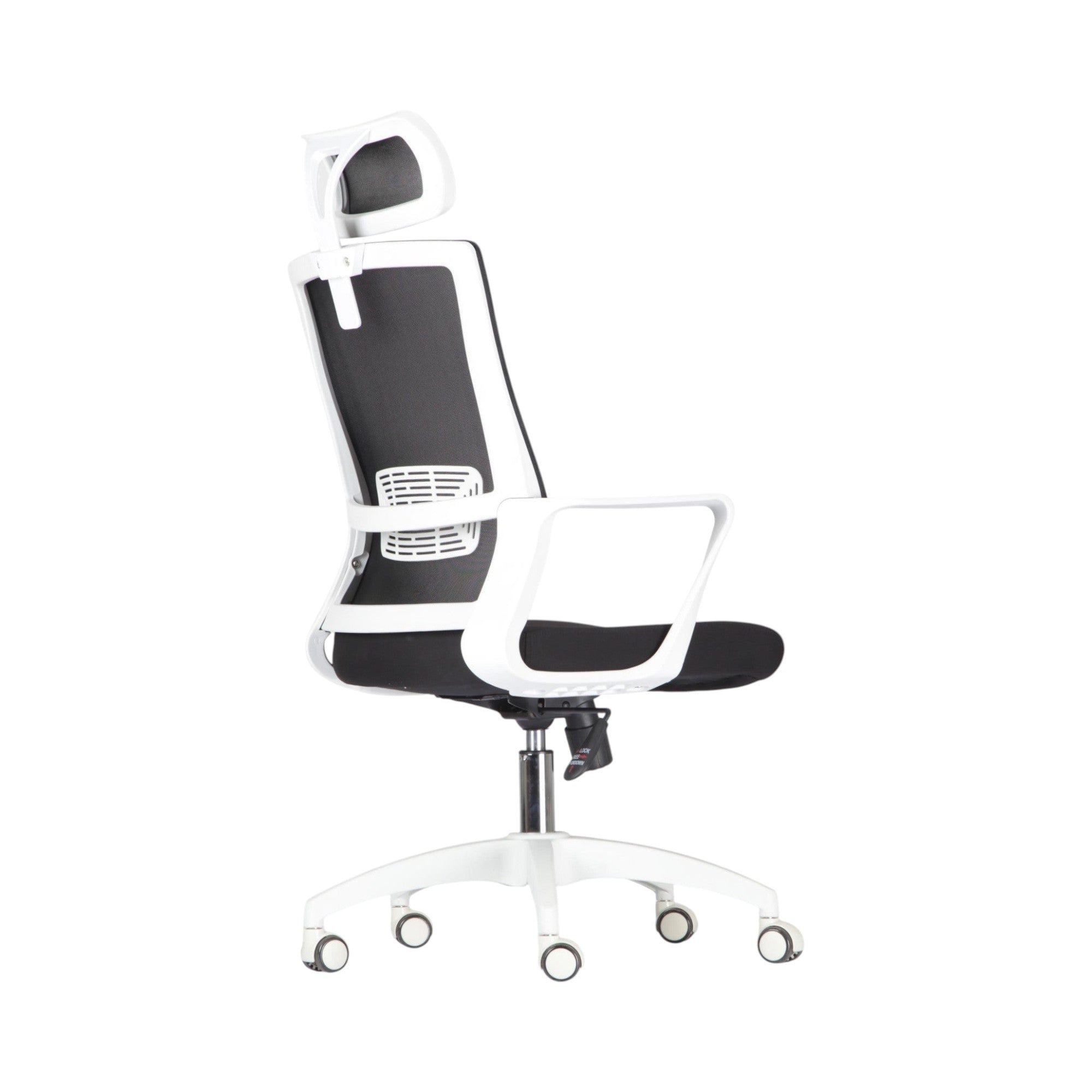 Xiaoyaozuo office chair: Black mesh ergonomic office chair with adjustable white headrest and white armrests on a white base with casters.