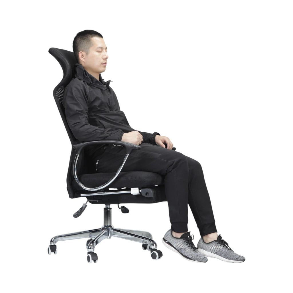Xiaoyaozuo office chair: Black ergonomic mesh high back office chair with adjustable headrest and chrome base, shown with a man sitting.
