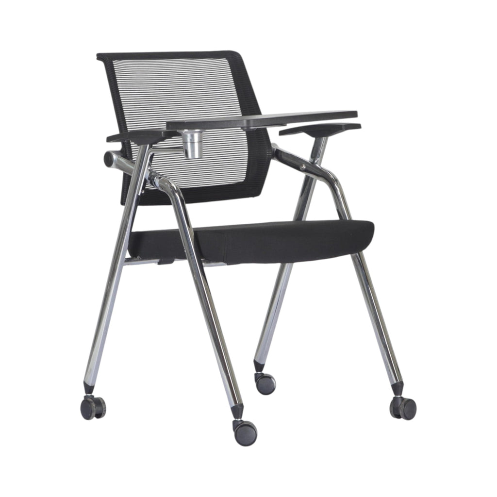 Xiaoyaozuo office chair black mesh training chair with flip-up writing tablet and chrome frame on casters