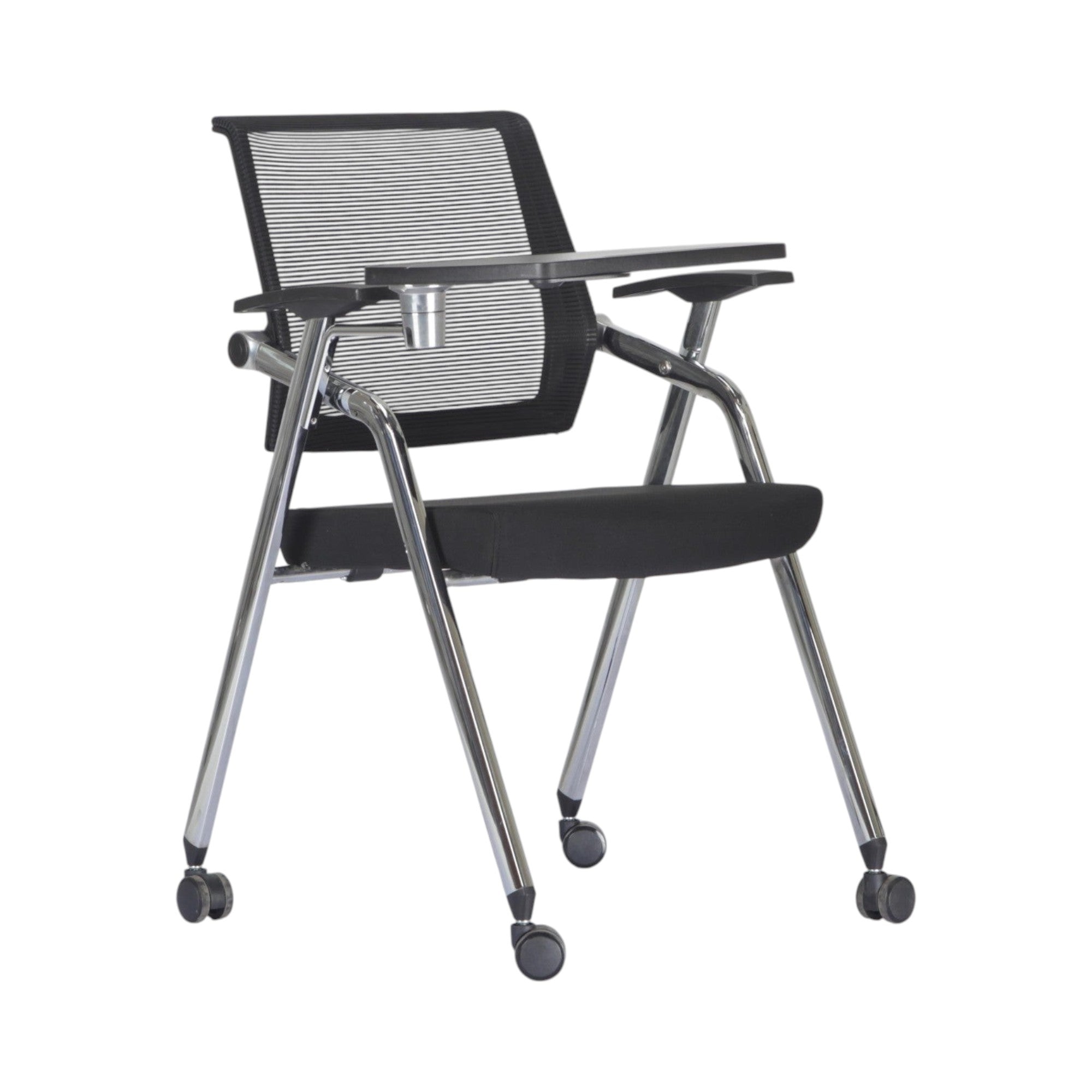 Xiaoyaozuo office chair black mesh training chair with flip-up writing tablet and chrome frame on casters