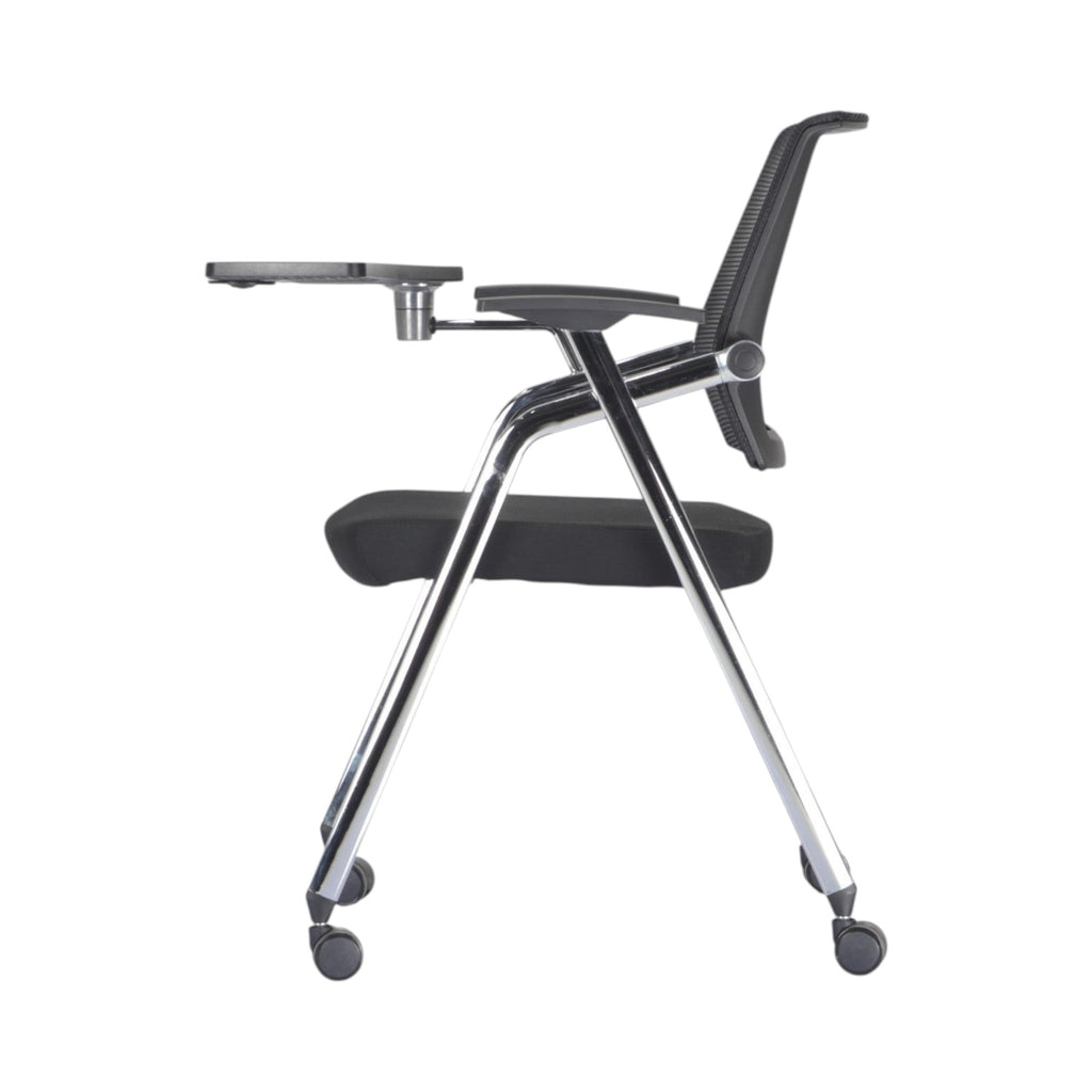 Xiaoyaozuo office chair black mesh training chair with flip-up writing tablet and chrome frame on casters.