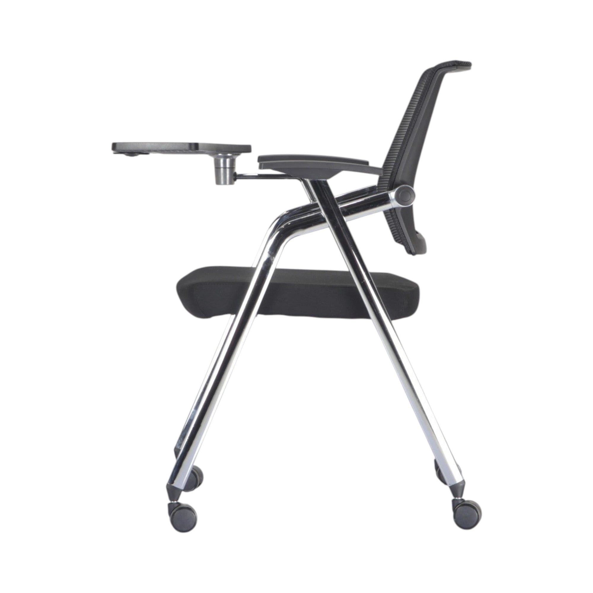 Xiaoyaozuo office chair black mesh training chair with flip-up writing tablet and chrome frame on casters.