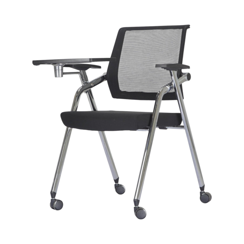 Xiaoyaozuo office chair black mesh training chair with flip-up writing tablet and chrome frame on casters.