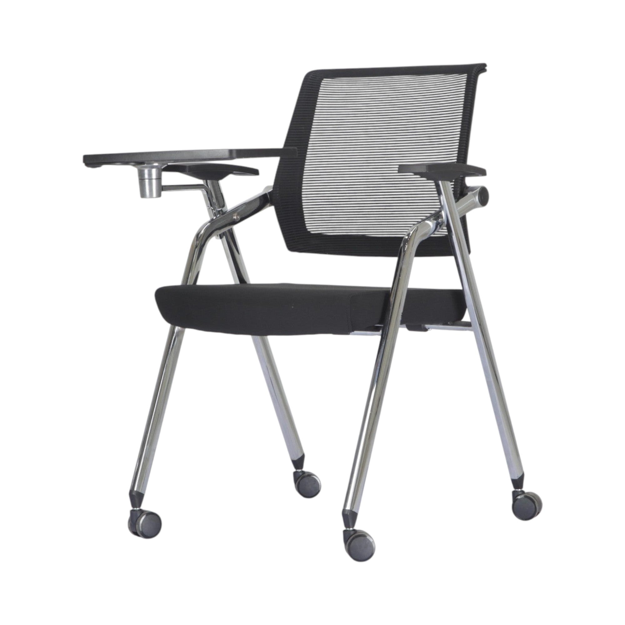 Xiaoyaozuo office chair black mesh training chair with flip-up writing tablet and chrome frame on casters.