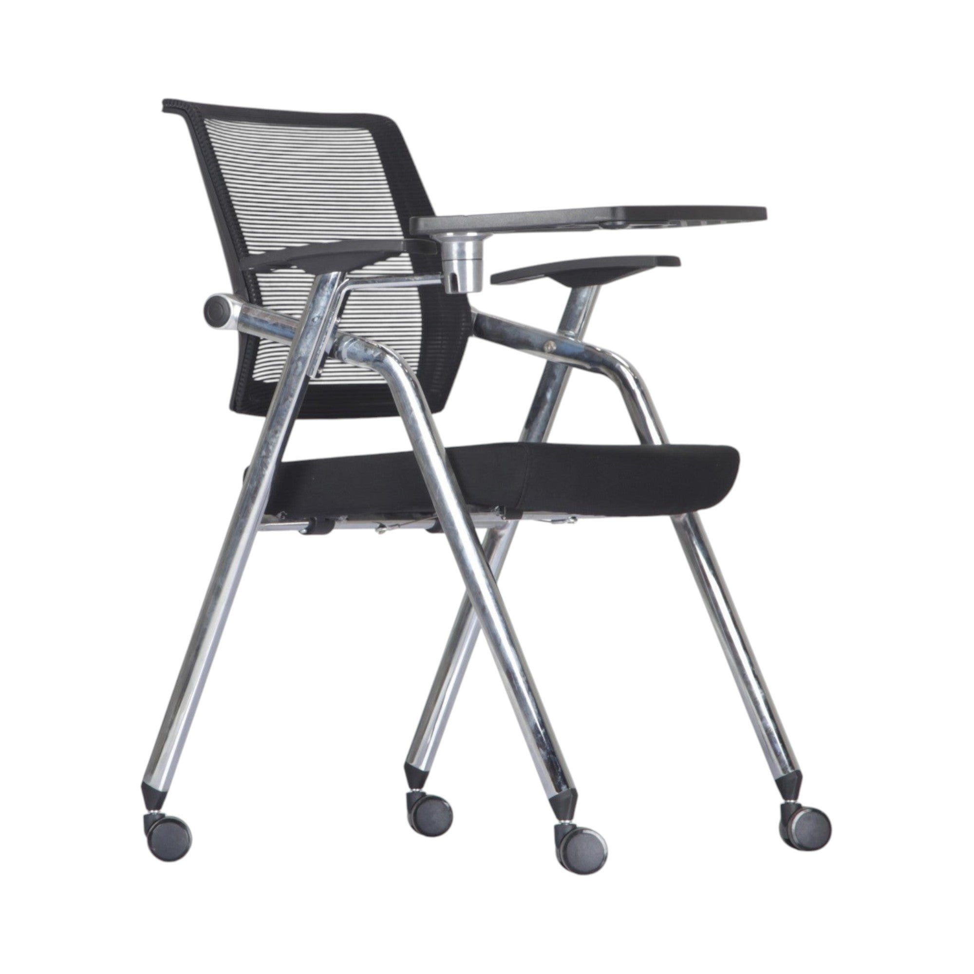 Xiaoyaozuo office chair black mesh training chair with flip-up writing tablet and chrome frame on casters