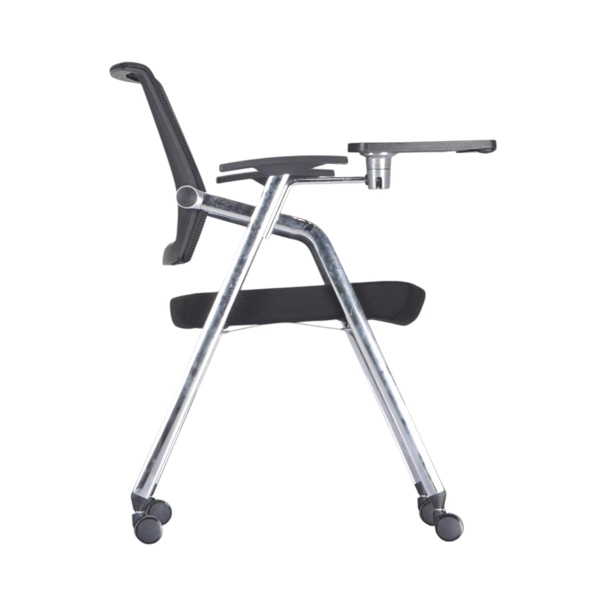 Xiaoyaozuo office chair black mesh training chair with flip-up writing tablet and chrome frame on casters.