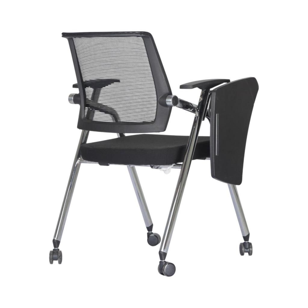 Xiaoyaozuo office chair black mesh training chair with flip-up writing tablet and chrome legs on casters.