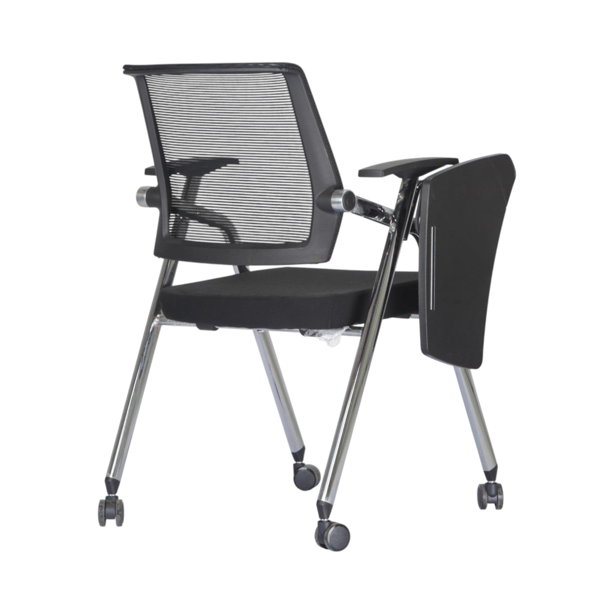Xiaoyaozuo office chair black mesh training chair with flip-up writing tablet and chrome legs on casters.