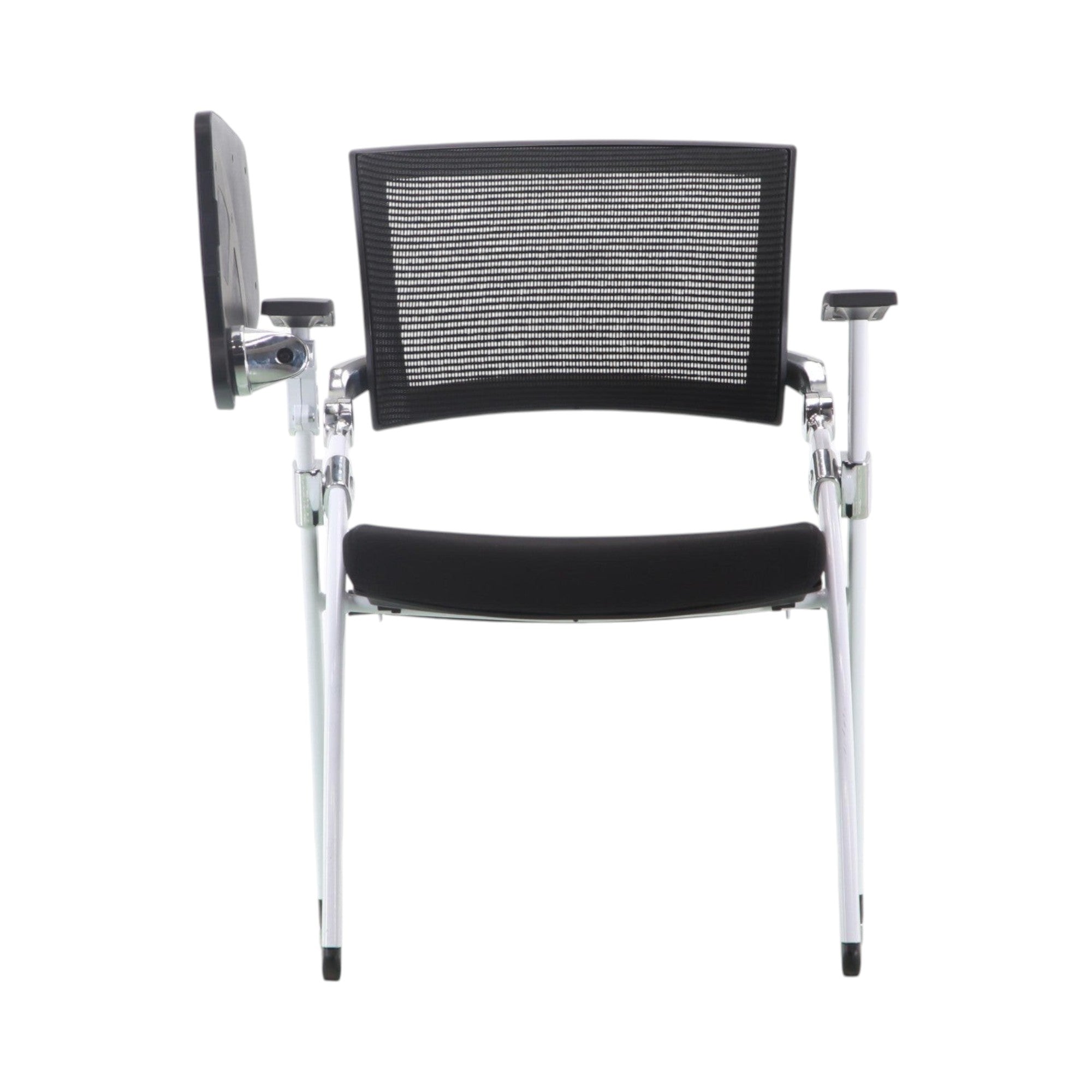 Xiaoyaozuo office chair black mesh conference chair with flip-up writing tablet and silver metal frame.
