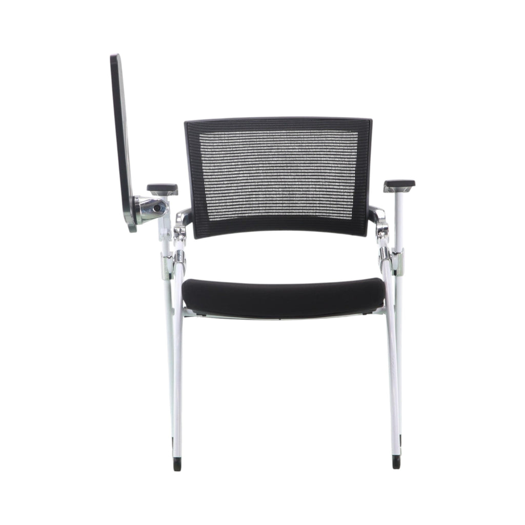 Xiaoyaozuo office chair black mesh training chair with flip-up writing tablet and silver metal frame.