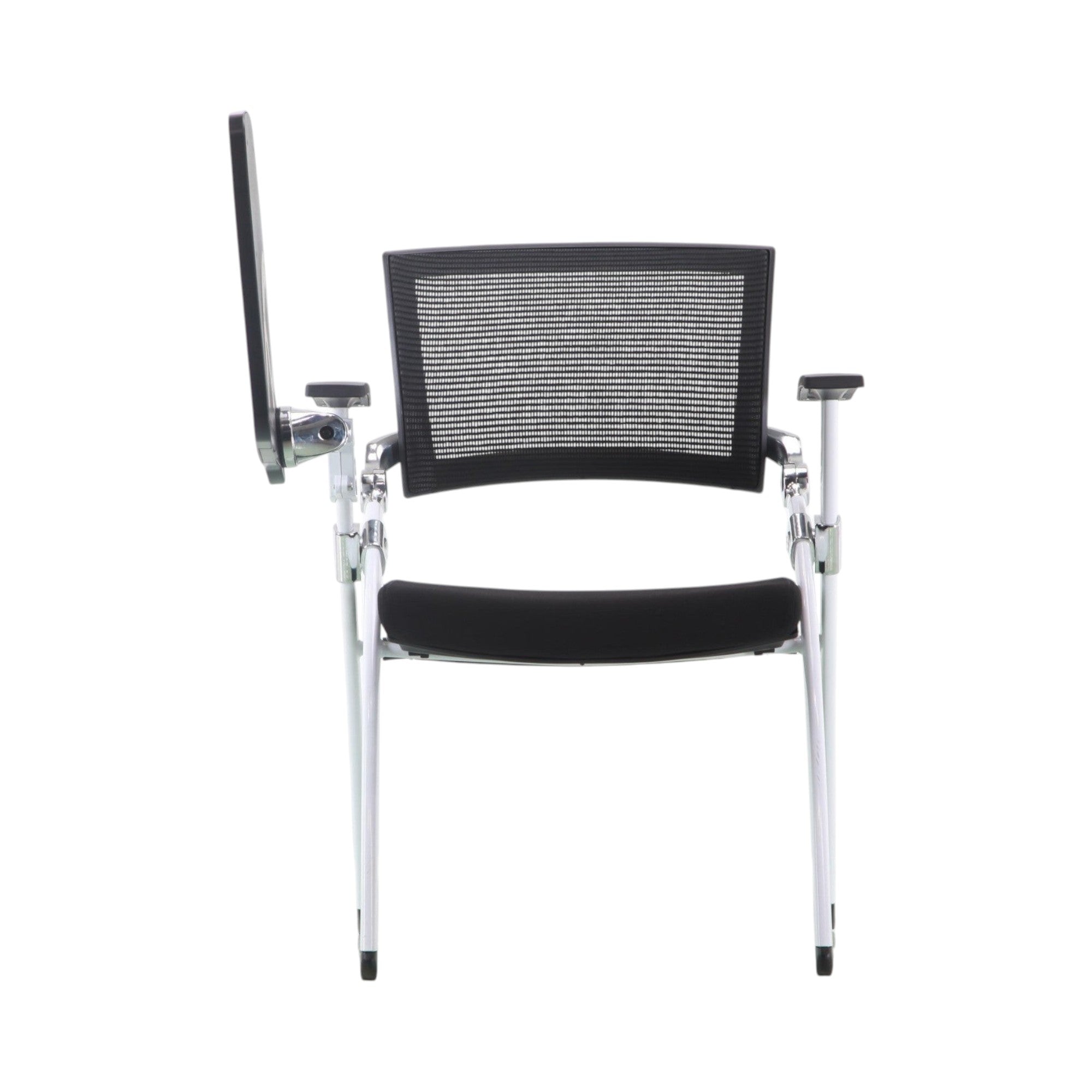 Xiaoyaozuo office chair black mesh training chair with flip-up writing tablet and silver metal frame.