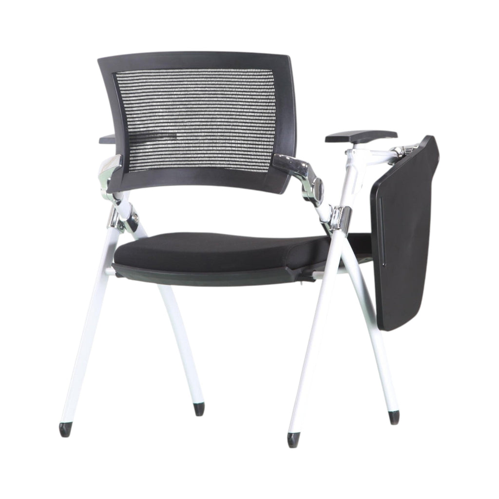Xiaoyaozuo office chair black mesh training chair with flip-up writing tablet and white metal frame.