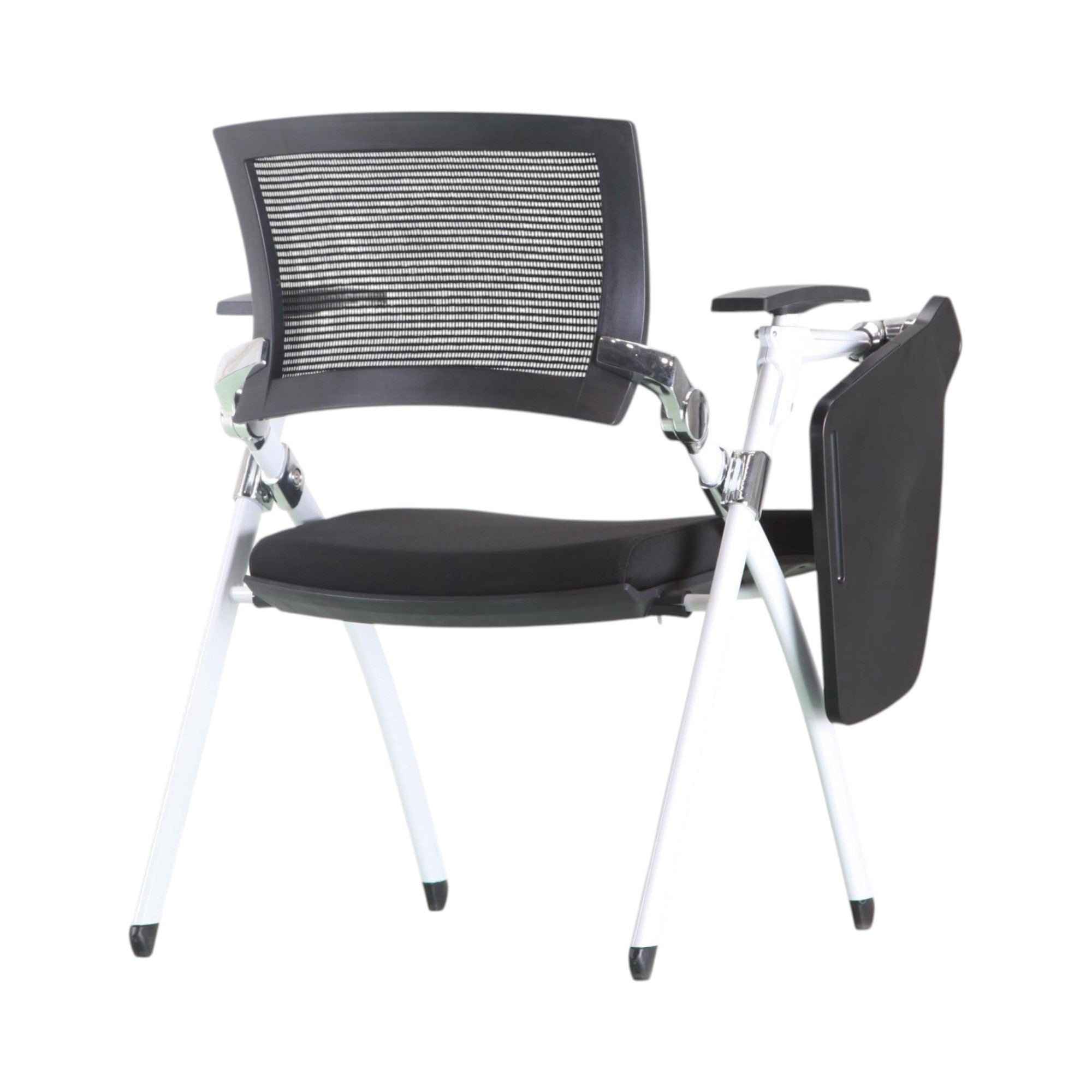 Xiaoyaozuo office chair black mesh training chair with flip-up writing tablet and white metal frame.