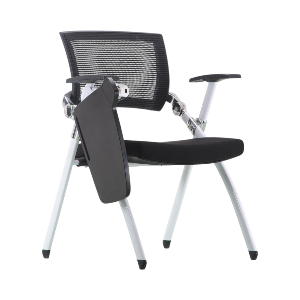 Xiaoyaozuo office chair black mesh training chair with flip-up writing tablet and white metal frame.