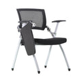 Xiaoyaozuo office chair black mesh training chair with flip-up writing tablet and white metal frame.
