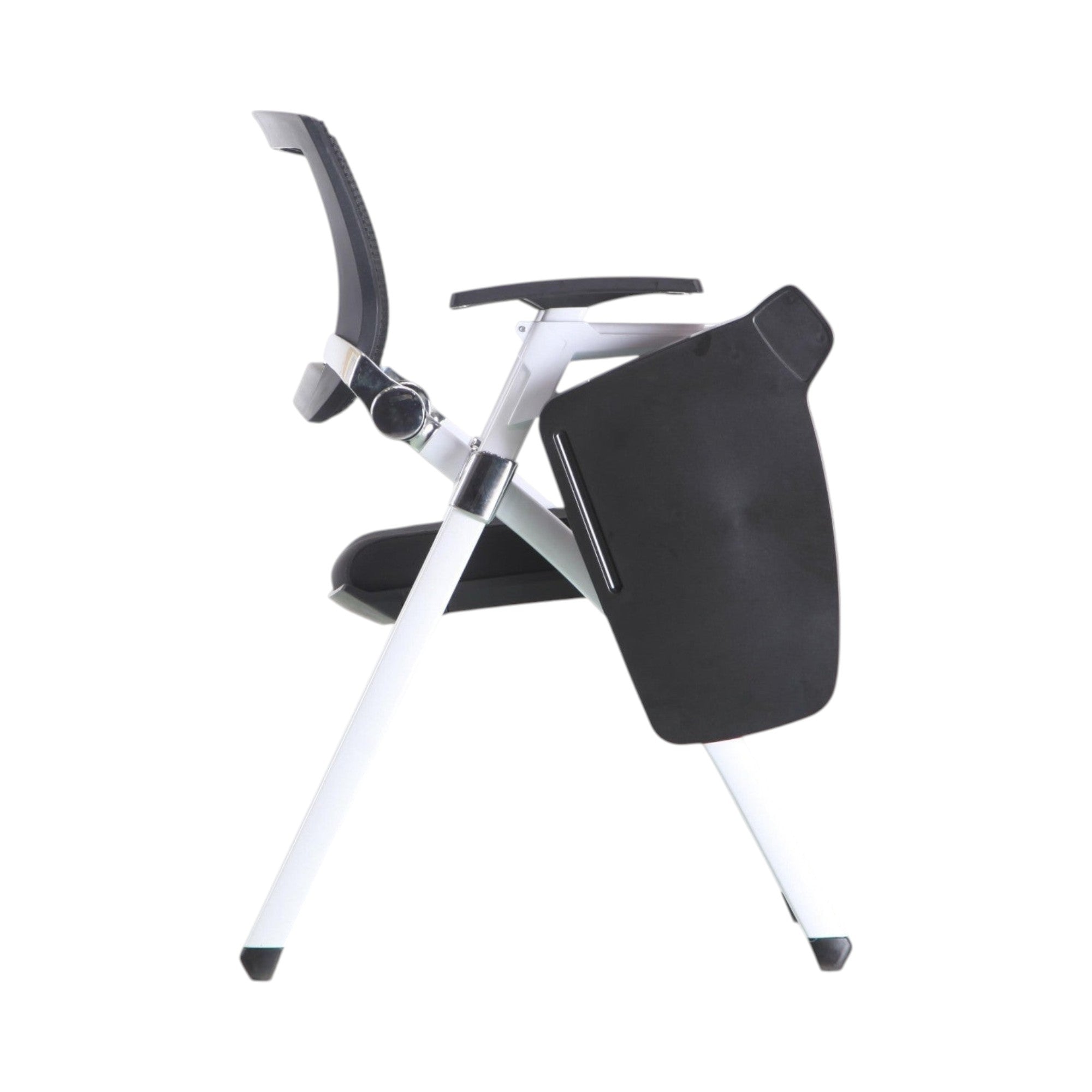 Xiaoyaozuo office chair black mesh training chair with flip-up writing tablet and white metal frame.