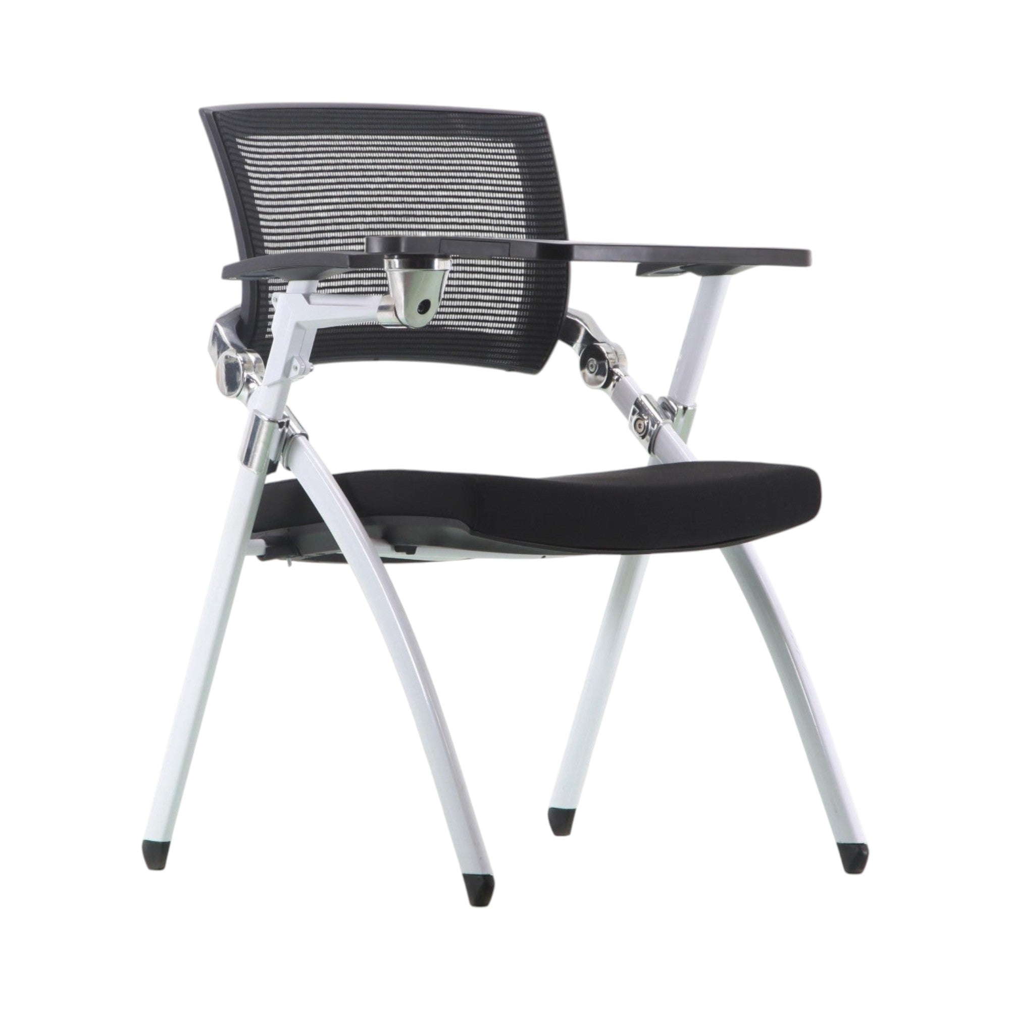 Xiaoyaozuo office chair black mesh training chair with flip-up writing tablet and white metal frame.