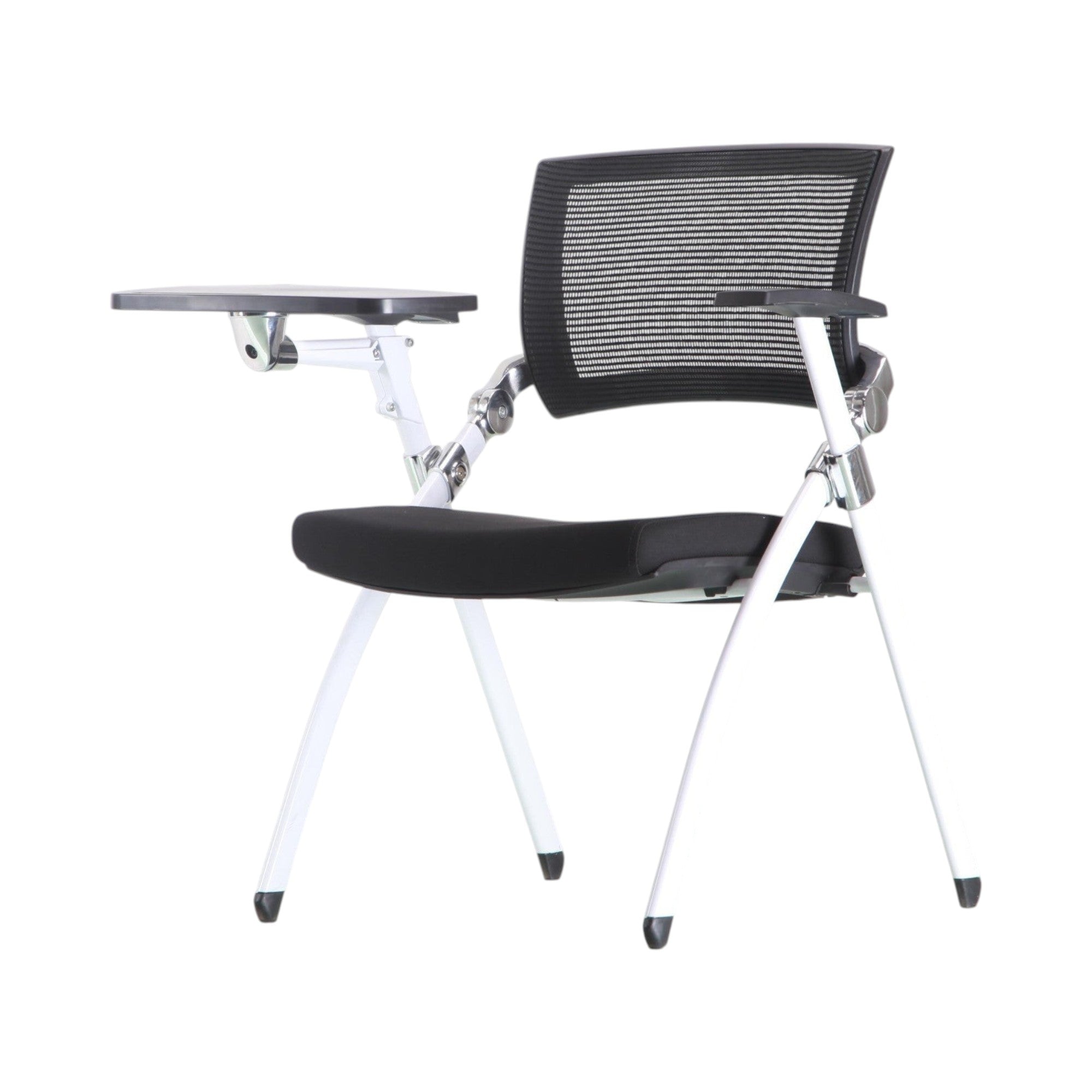Xiaoyaozuo office chair black mesh training chair with flip-up writing tablet and white metal frame.