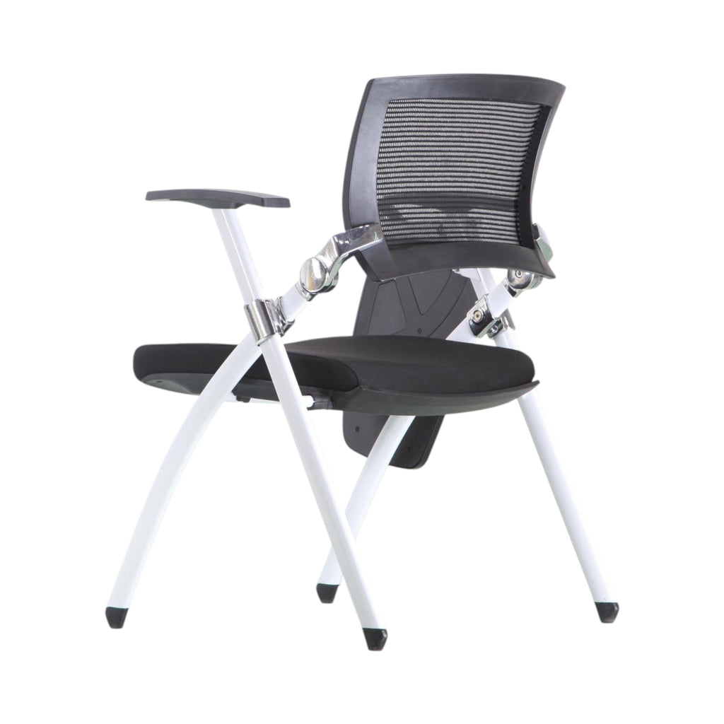 Xiaoyaozuo office chair black mesh training chair with white frame and flip-up writing tablet, ideal for classrooms and lectures.