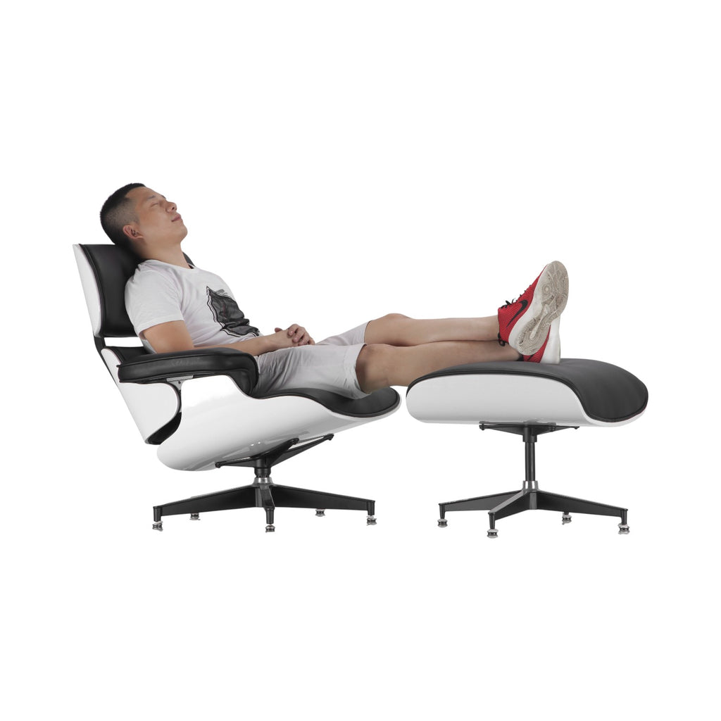 Xiaoyaozuo office chair: Black leather and white molded shell executive lounge chair with ottoman, ergonomic design, swivel base.