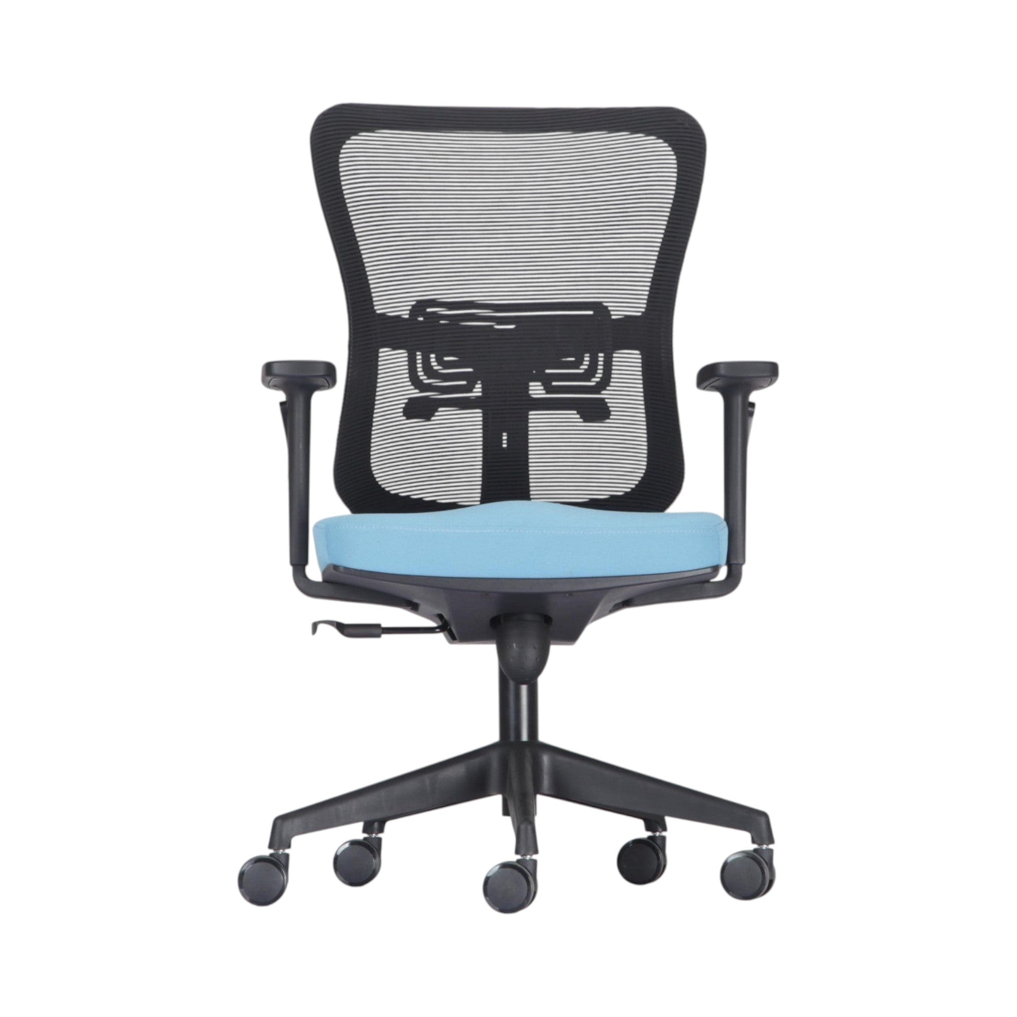 Xiaoyaozuo office chair: Ergonomic black mesh back office chair with a vibrant blue padded seat and adjustable armrests.