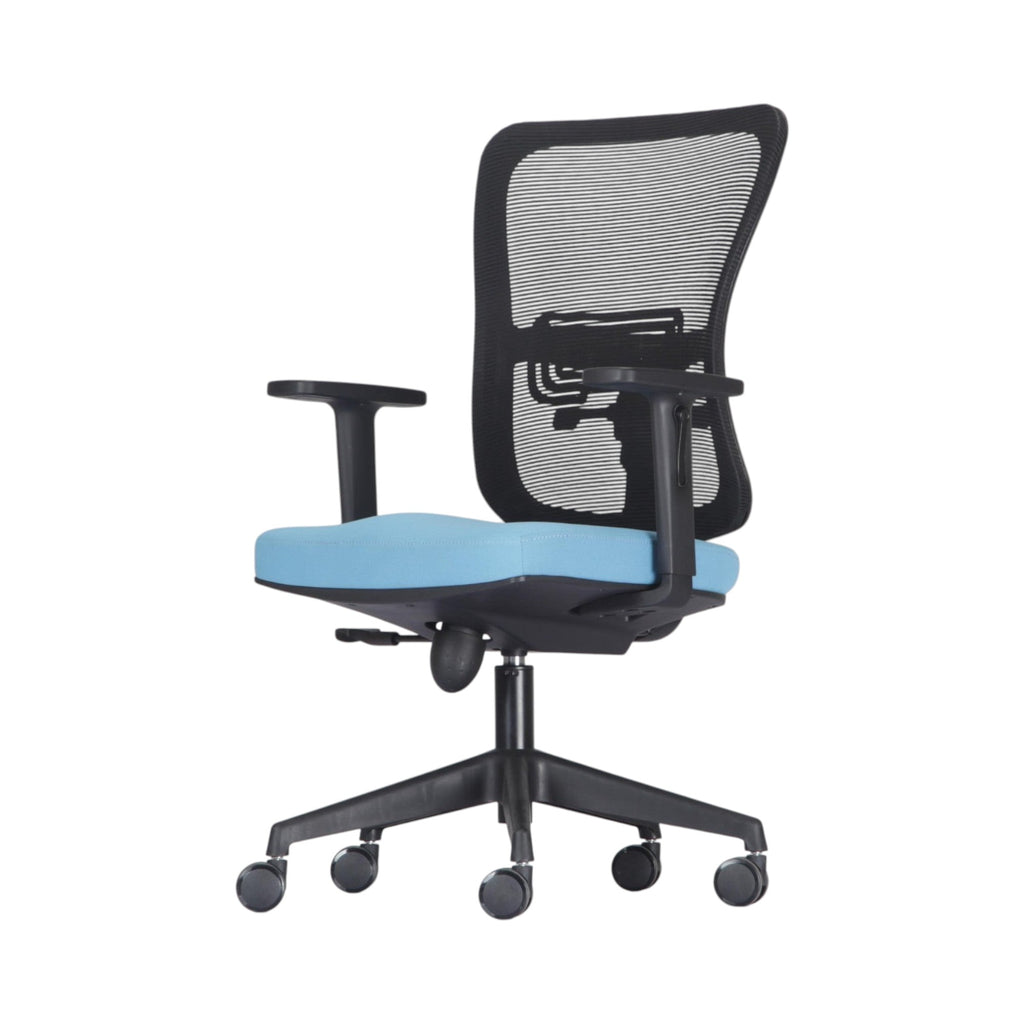 Xiaoyaozuo office chair: Ergonomic black mesh back office chair with a vibrant blue padded seat, adjustable armrests, and five casters.