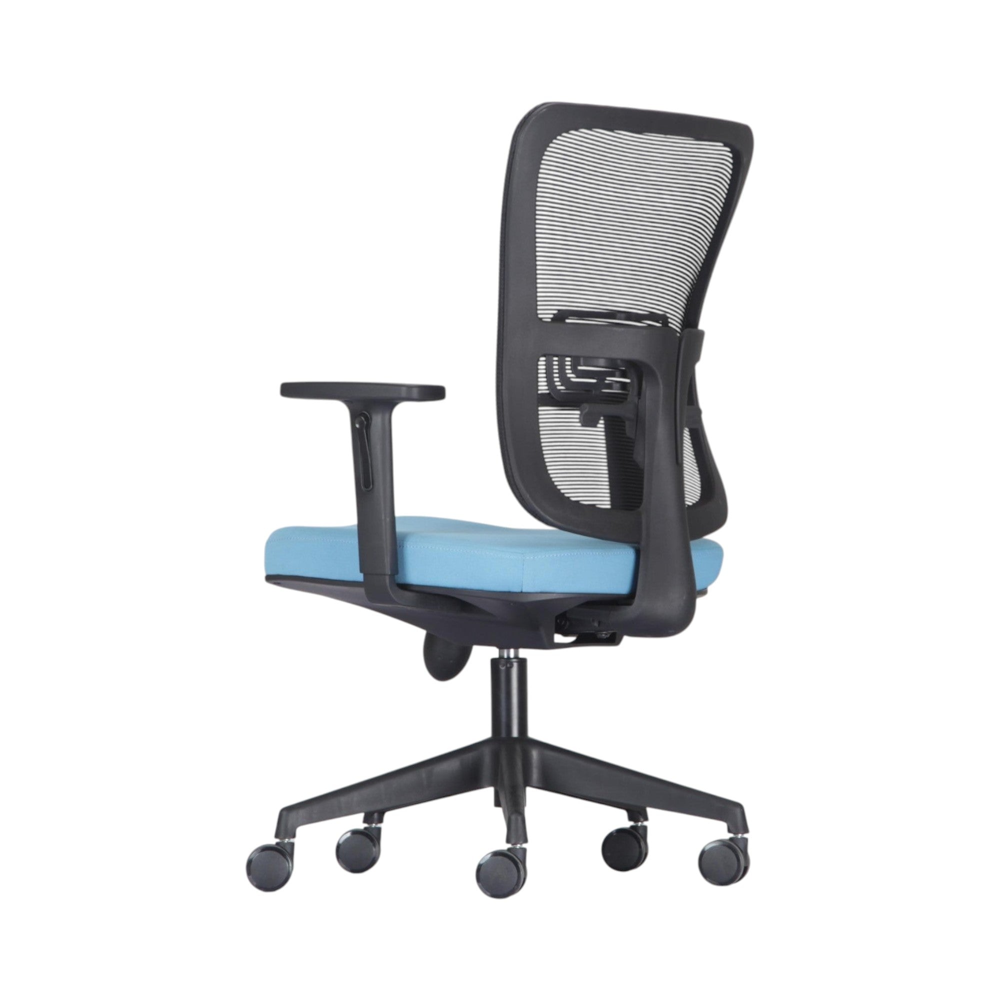 Xiaoyaozuo office chair: Ergonomic black mesh back office chair with a blue padded seat, adjustable armrests, and five-wheel base.