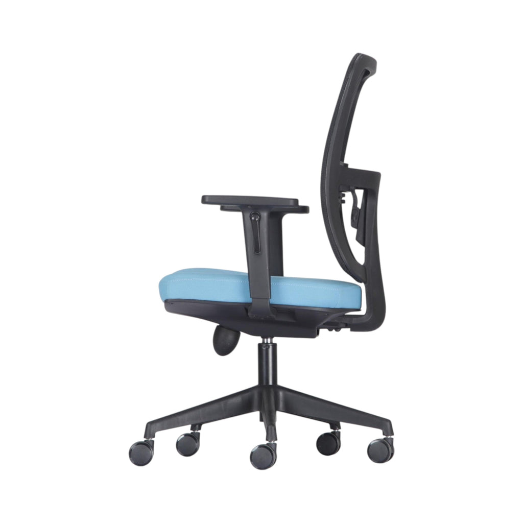 Xiaoyaozuo office chair: Ergonomic black mesh back office chair with a blue padded seat and adjustable armrests.