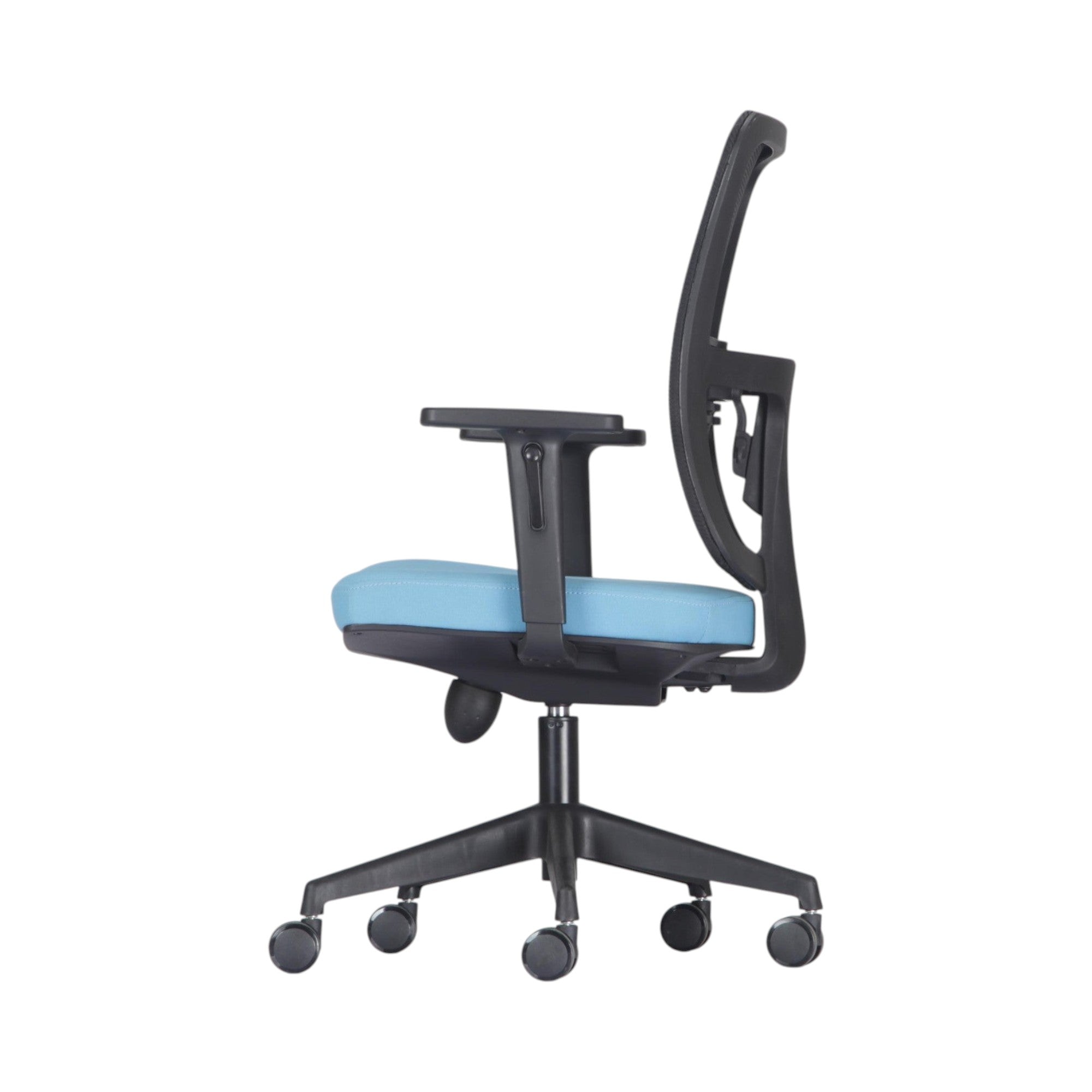 Xiaoyaozuo office chair: Ergonomic black mesh back office chair with a blue padded seat and adjustable armrests.