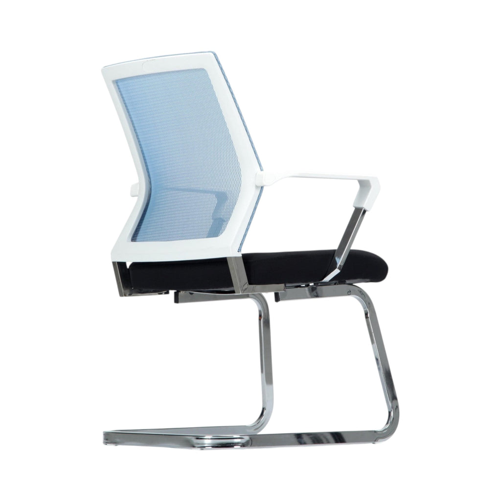 Xiaoyaozuo office chair: Modern light blue mesh back guest chair with black fabric seat and chrome sled base.