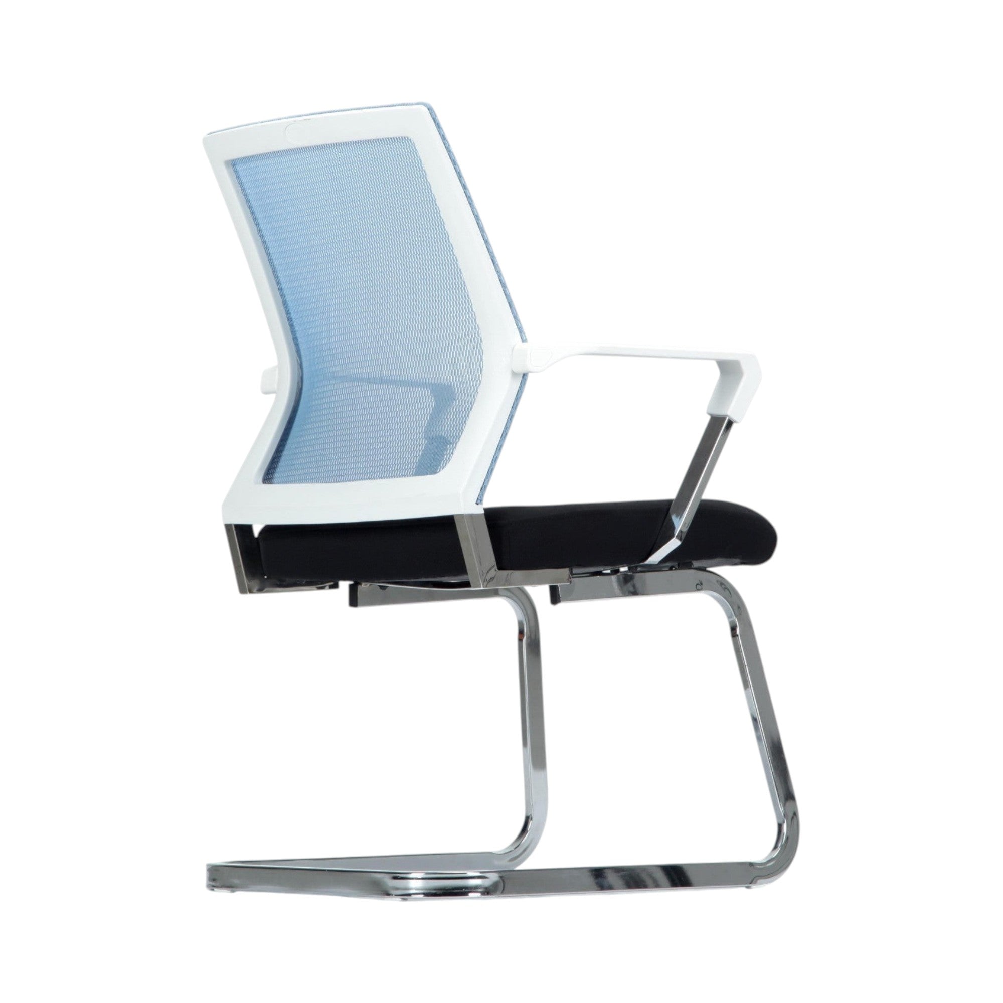Xiaoyaozuo office chair: Modern light blue mesh back guest chair with black fabric seat and chrome sled base.