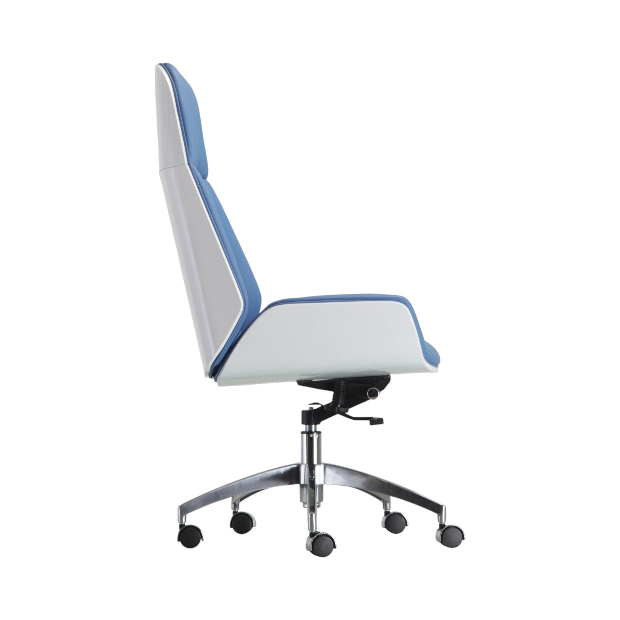 Xiaoyaozuo office chair: modern blue and white faux leather executive chair with high back support and ergonomic design.