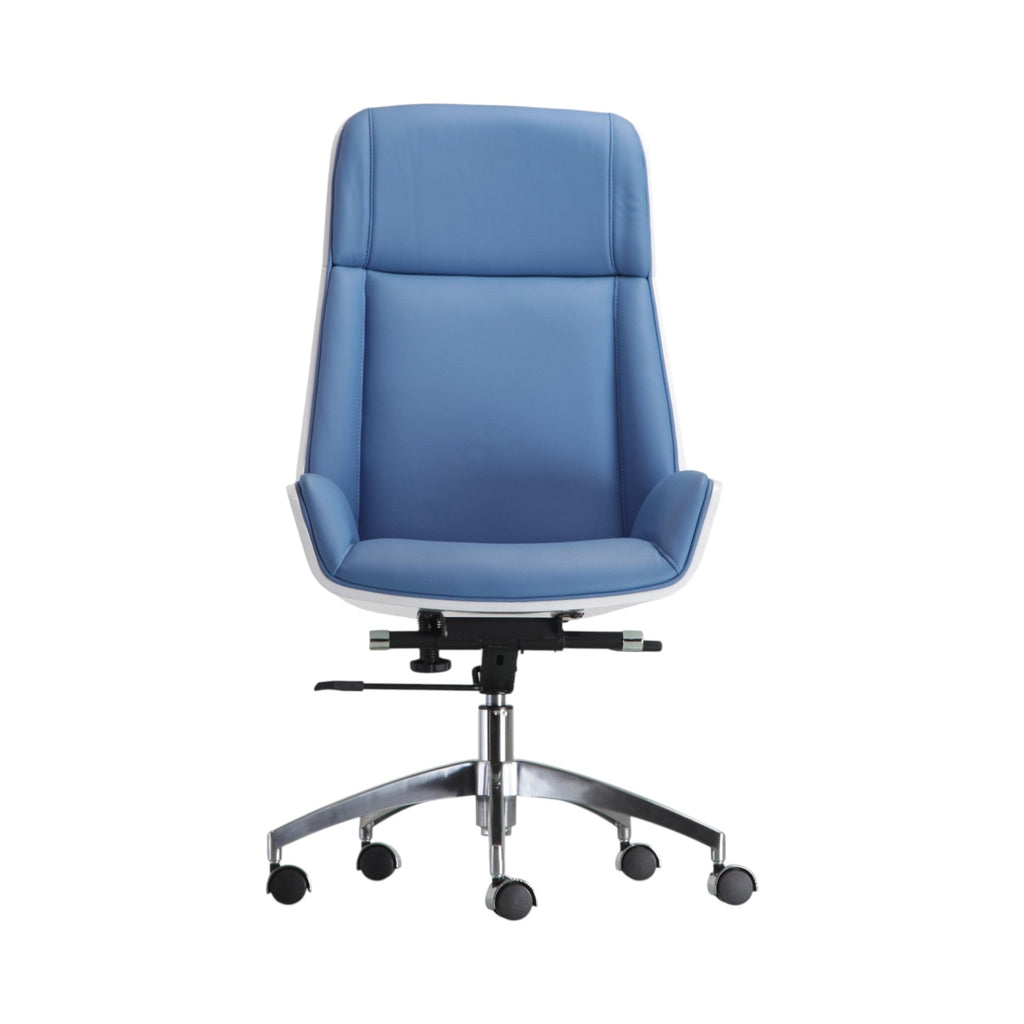 Xiaoyaozuo office chair blue and white faux leather executive chair with high back support and casters.