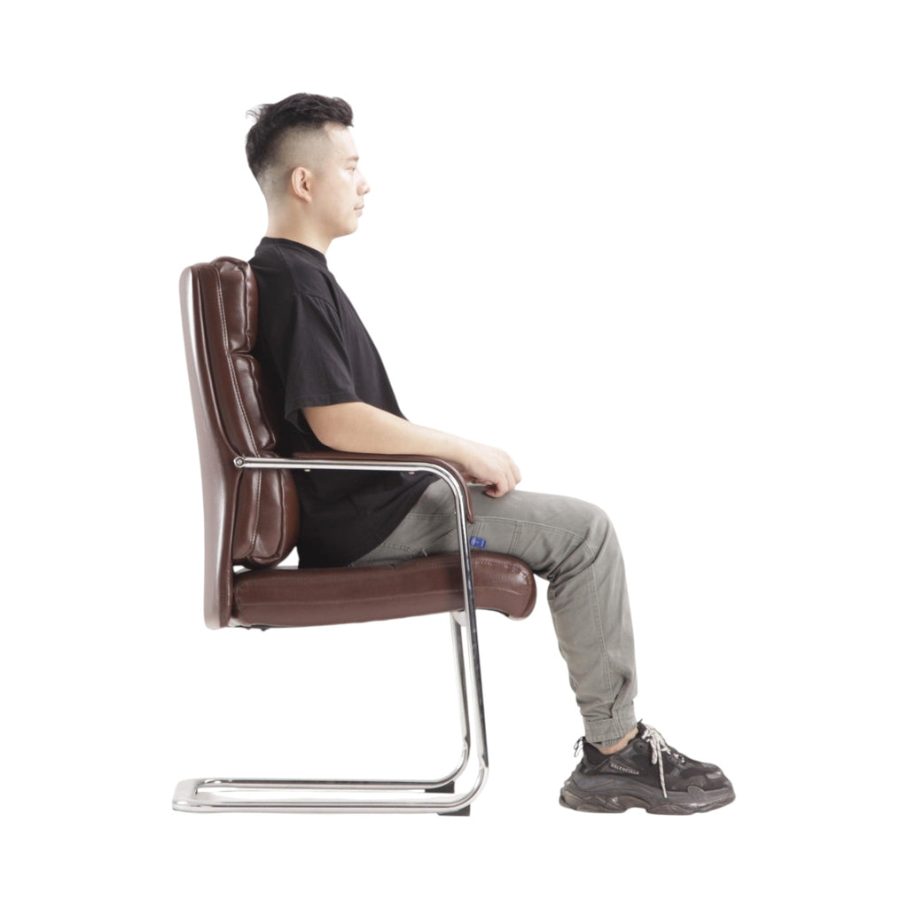 Xiaoyaozuo office chair executive brown faux leather cantilever chair with padded seat and chrome frame.