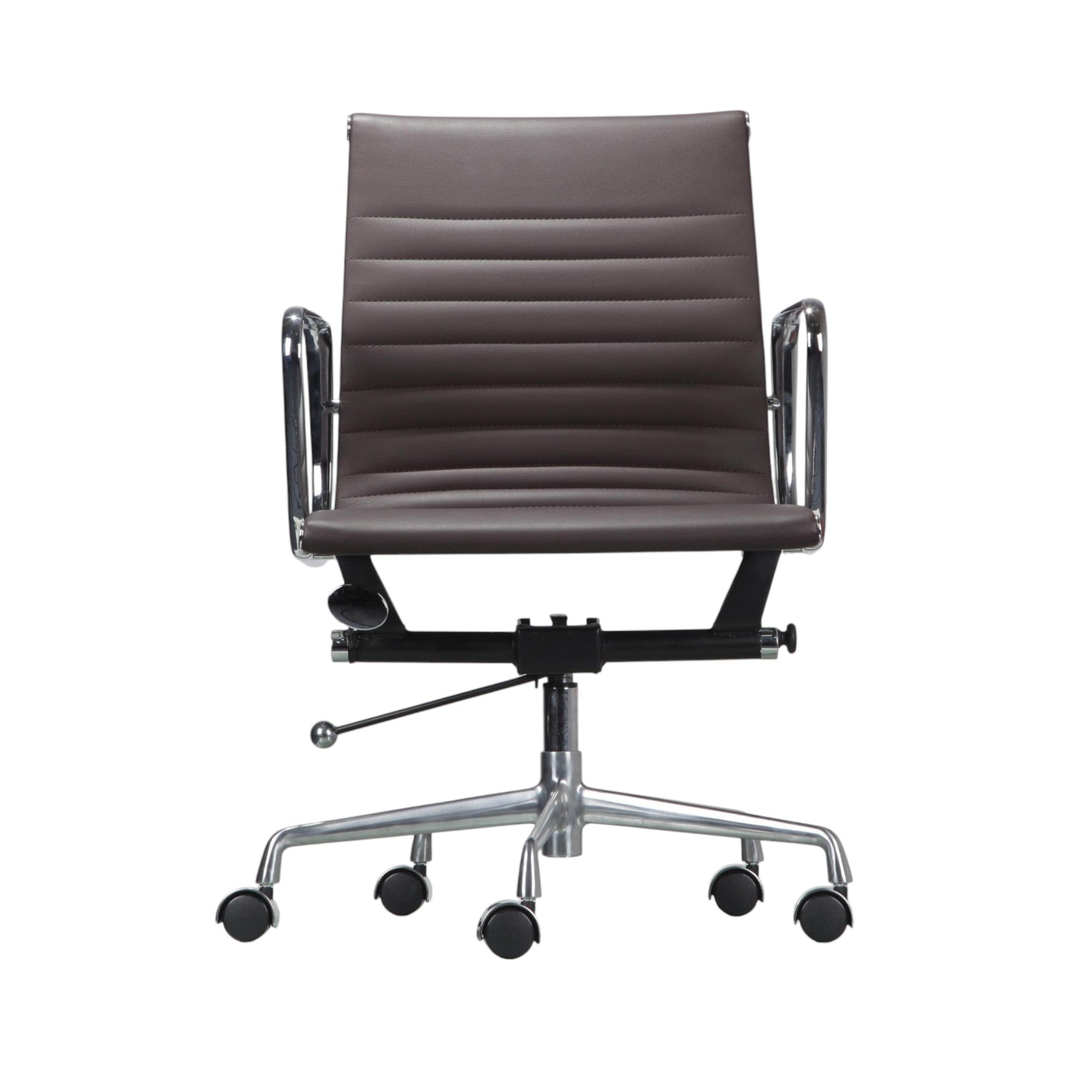 Xiaoyaozuo office chair brown faux leather executive chair with chrome armrests and five-star base with casters.