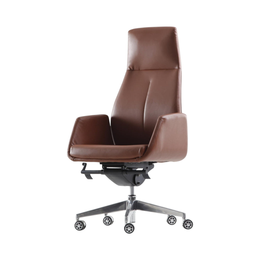 Xiaoyaozuo office chair executive high back chair in brown faux leather with polished metal base and casters.